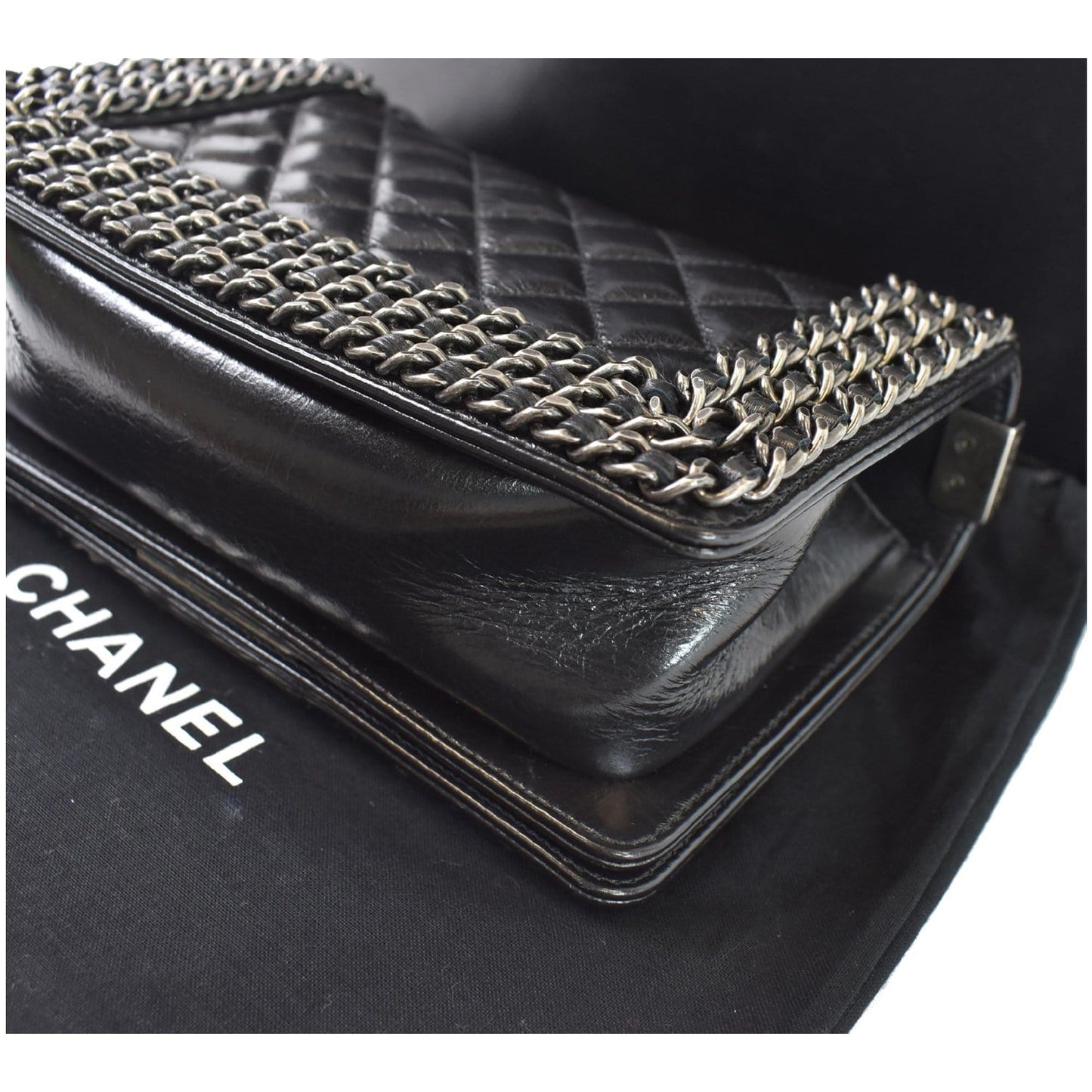 CHANEL Small Boy Embellished Chain Lambskin Shoulder Bag Black