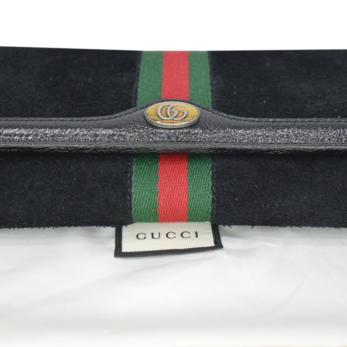 GUCCI Ophidia Suede Patent Web Leather Wallet On Chain Crossbody Bag Black 546592