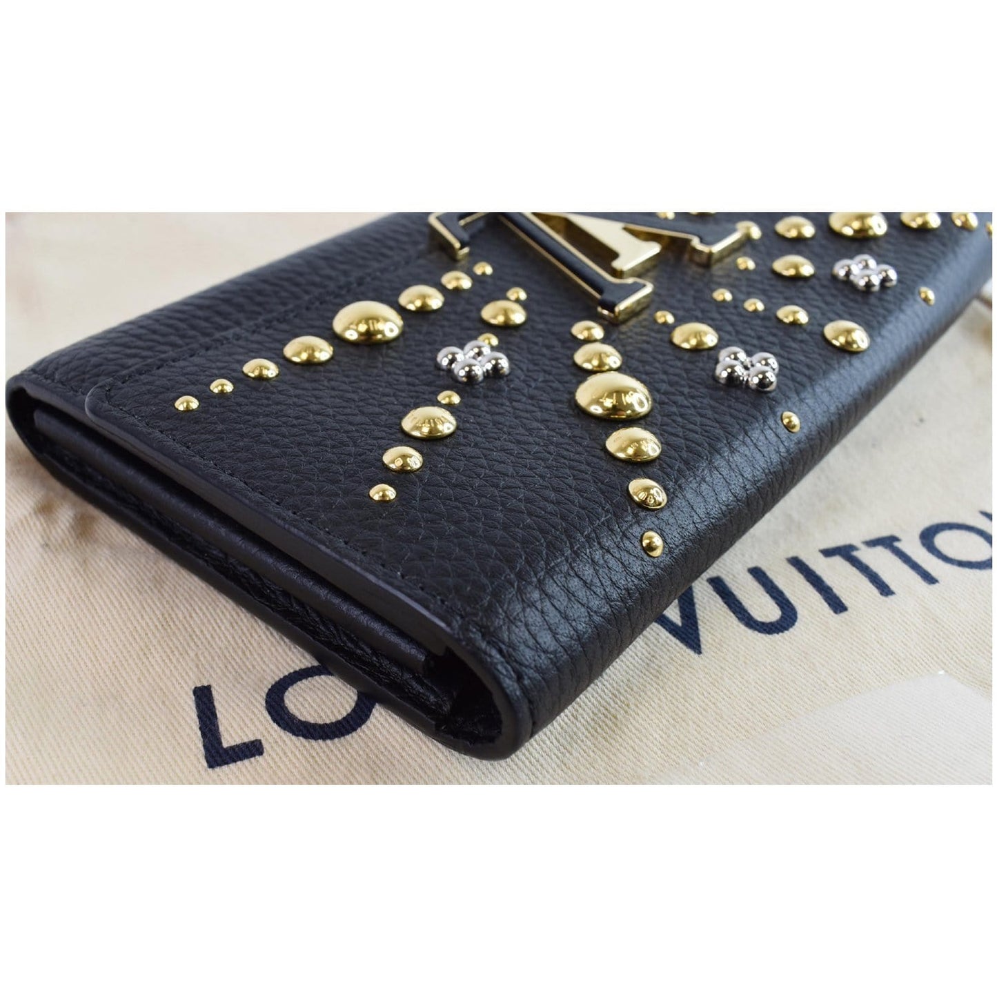LOUIS VUITTON Capucines Studded Taurillon Leather Wallet Black