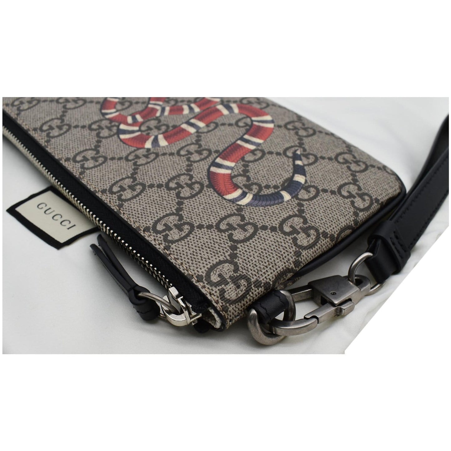 GUCCI Kingsnake Print GG Supreme Canvas Pouch Wristlet Beige 597556