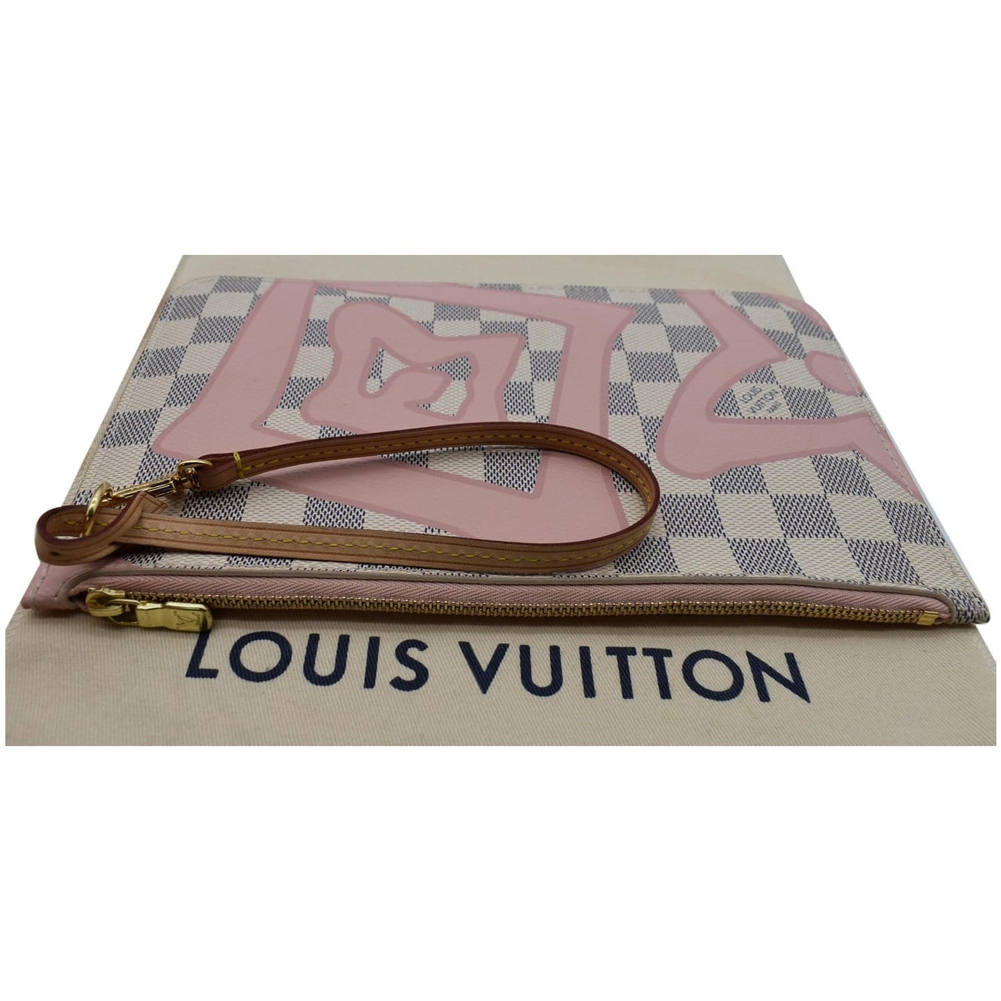 LOUIS VUITTON Tahitienne Pochette Wristlet Pouch Damier Azur Neverfull MM Pink
