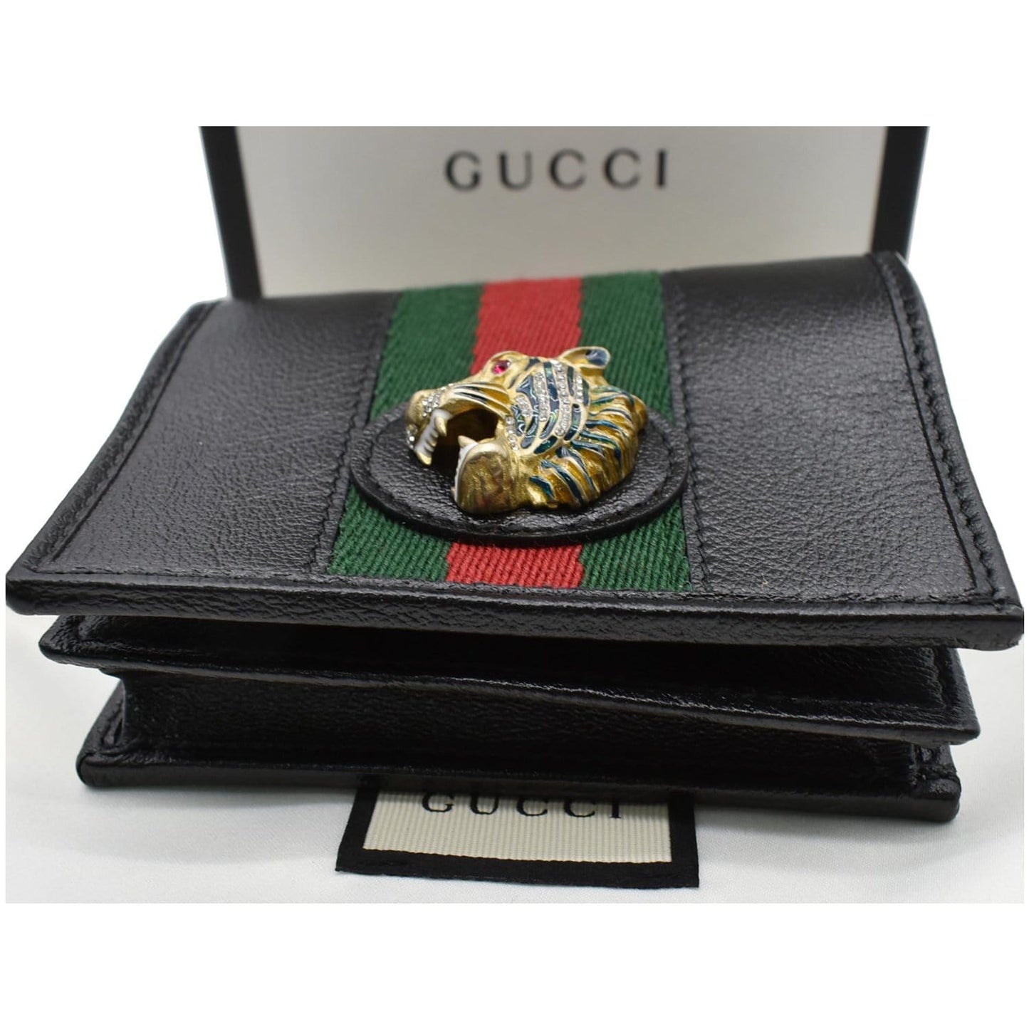 GUCCI Rajah Web Leather Card Case Chain Wallet Black 573790
