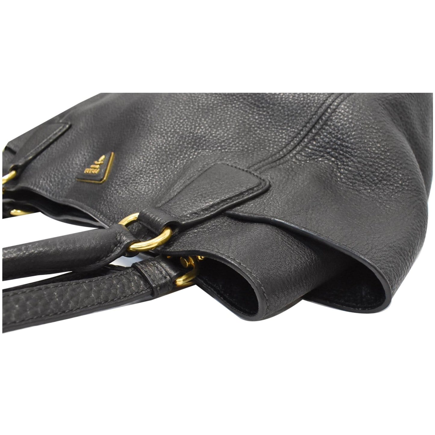 PRADA Vitello Daino Side-Pocket Leather Tote Shoulder Bag Black