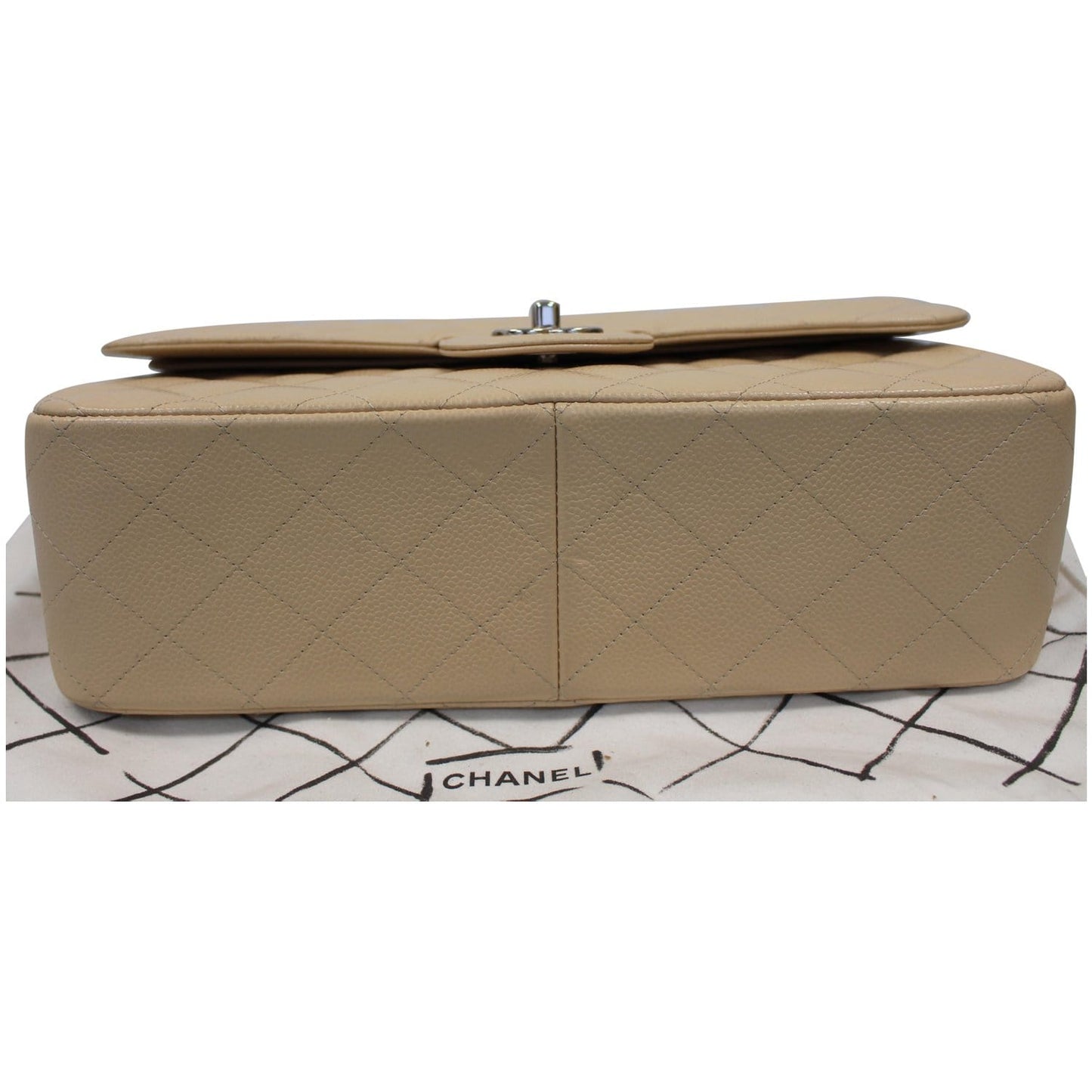CHANEL Jumbo Double Flap Caviar Leather Shoulder Bag Beige