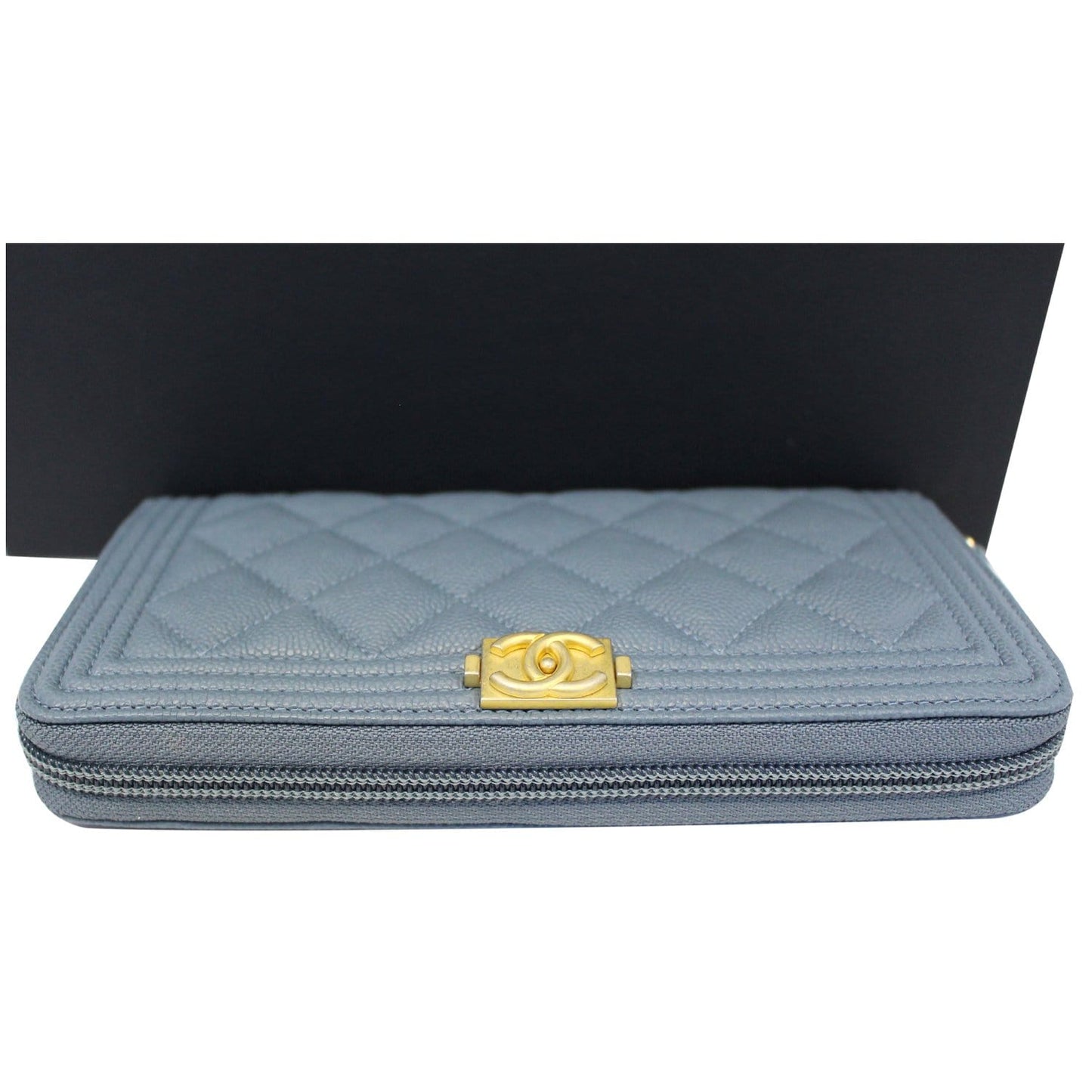 CHANEL Small Boy Long Caviar Leather Zip Around Wallet Blue