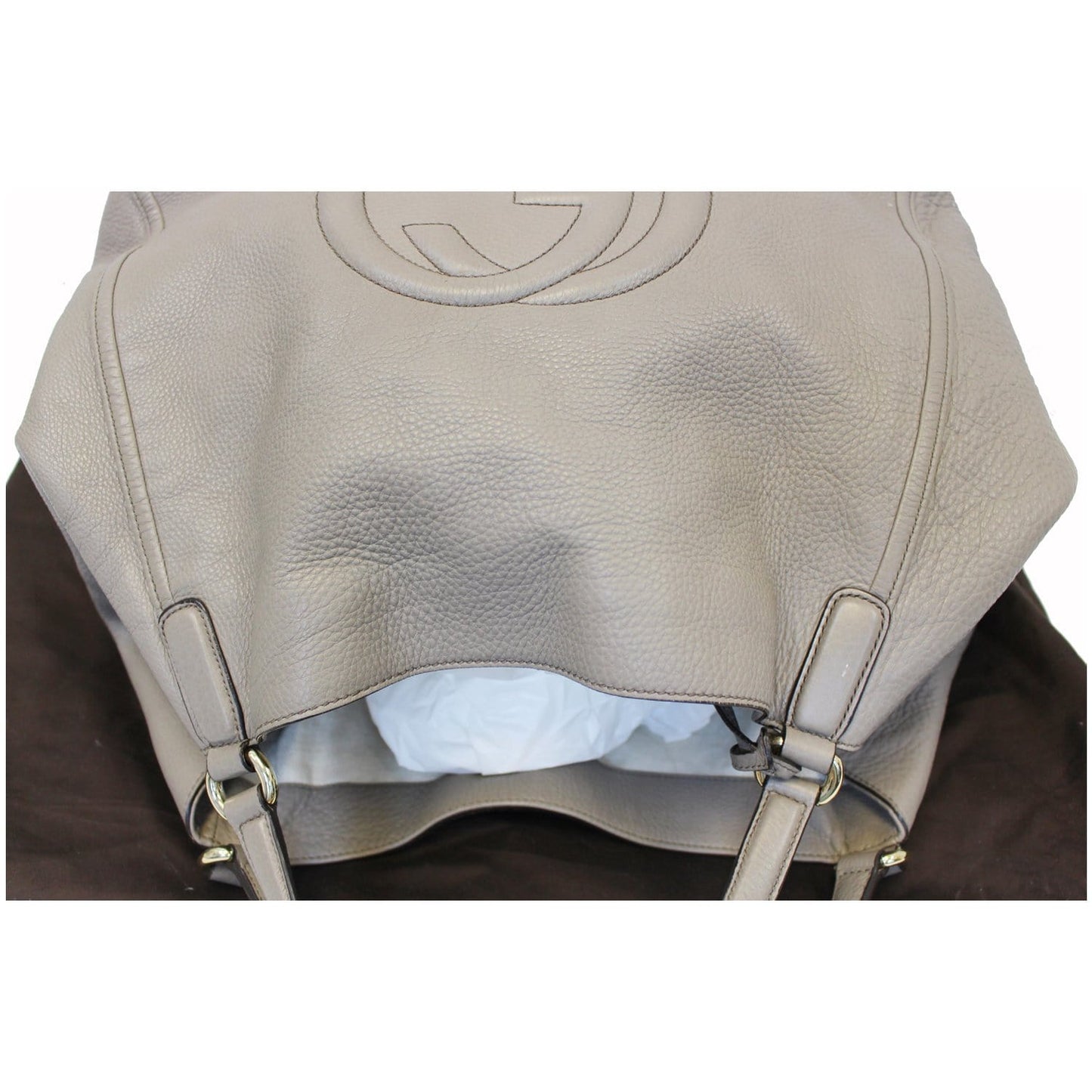 GUCCI Soho Pebbled Leather Large Tote Shoulder Bag Taupe