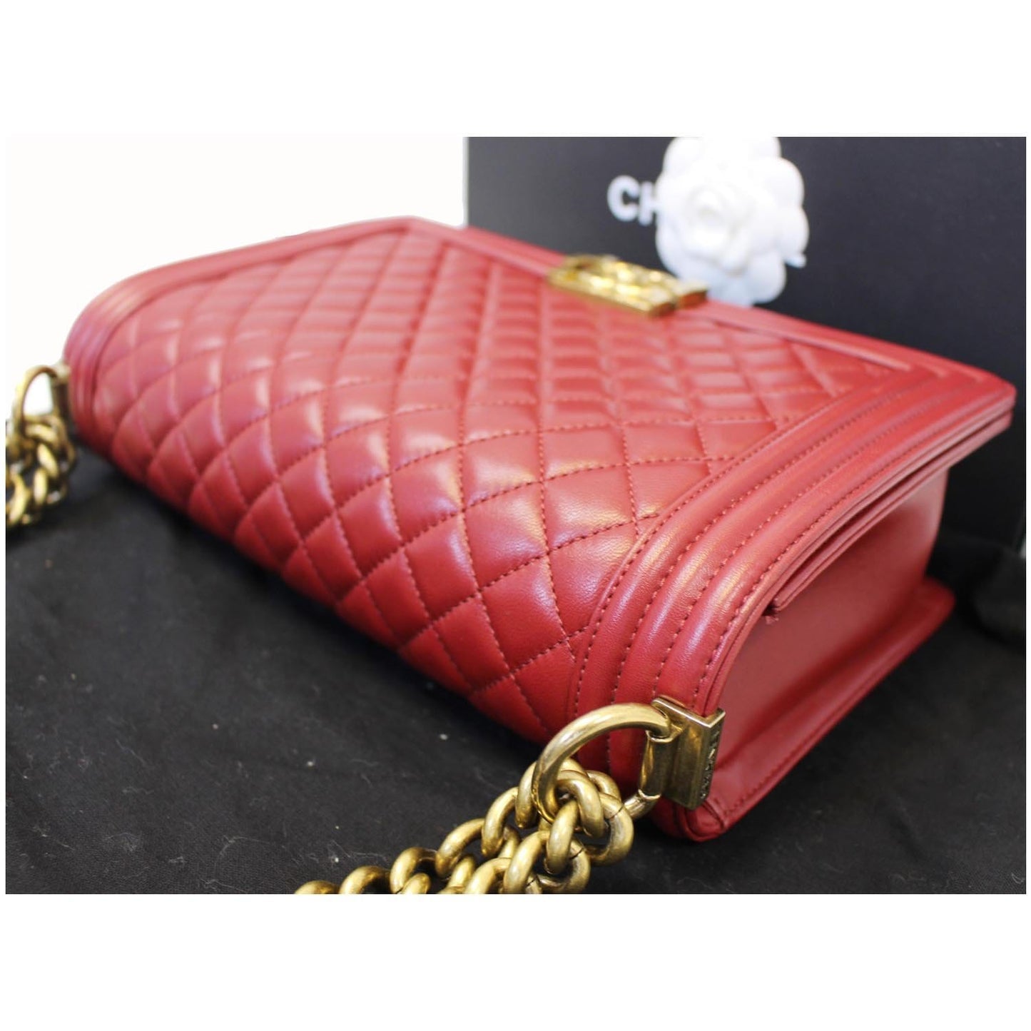 CHANEL Medium Boy Flap Lambskin Leather Shoulder Bag Red