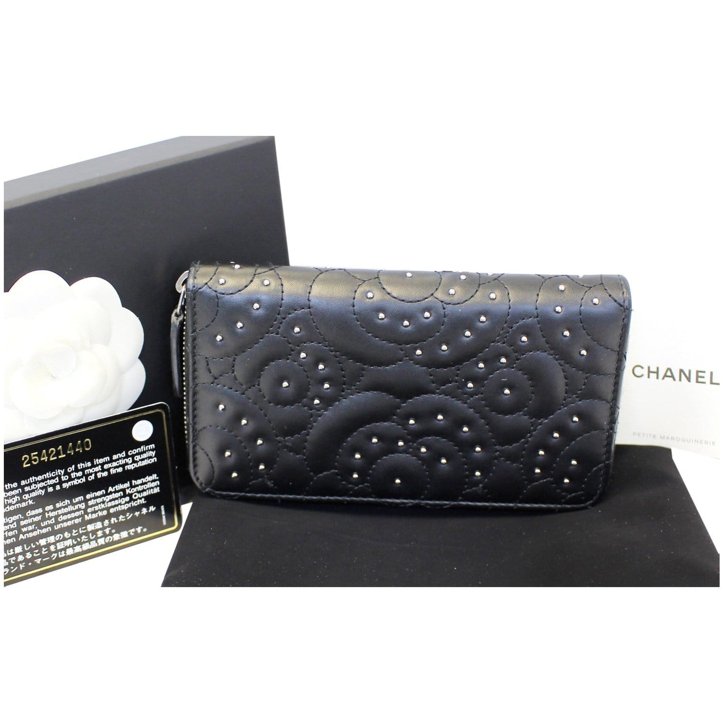 CHANEL Camellia Long Zippy studded Wallet Black
