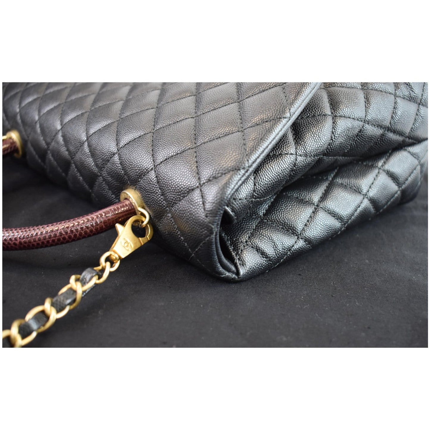 CHANEL Medium Coco Quilted Caviar Lizard Handle Shoulder Bag Black