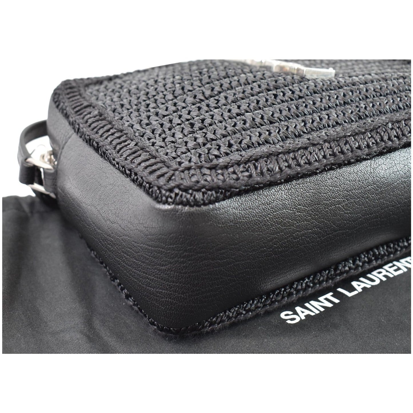 YVES SAINT LAURENT Lou Camera Raffia Canvas Crossbody Bag Black