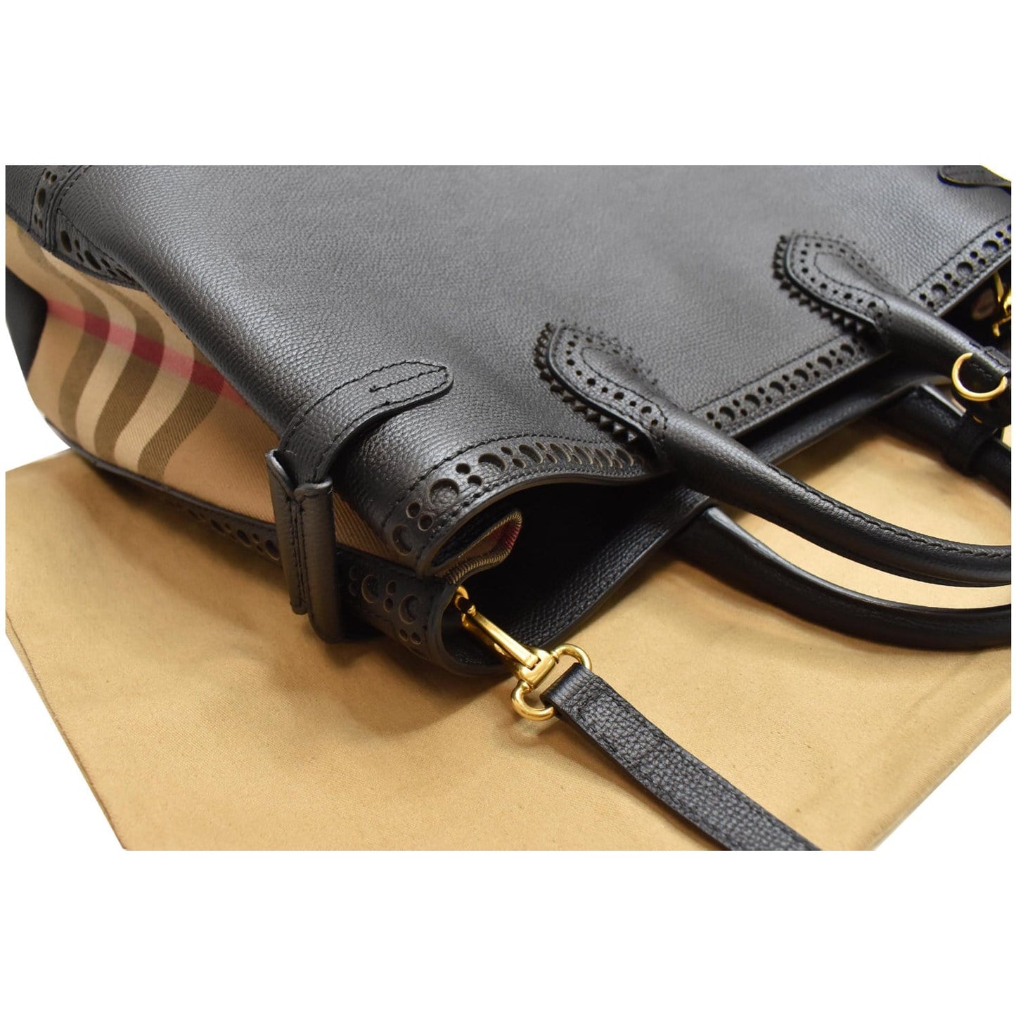 BURBERRY Large Banner Calfskin House Check Leather Tote Shoulder Bag Black