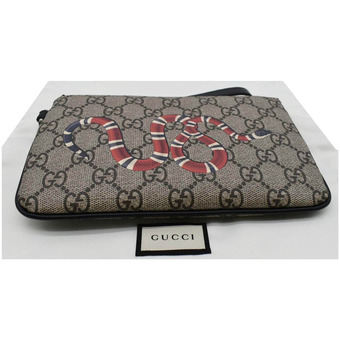 GUCCI Kingsnake Print GG Supreme Canvas Pouch Wristlet Beige 597556