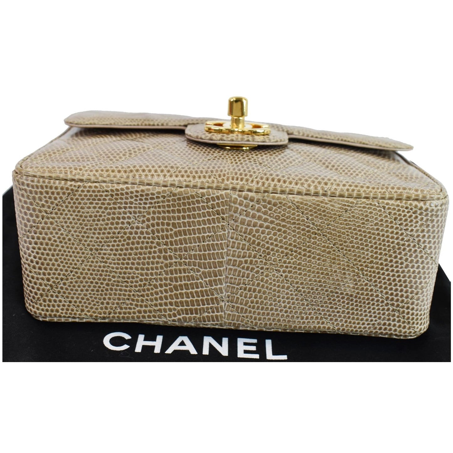 CHANEL Vintage Mini Square Flap Lizard Shoulder Bag Beige/Gold