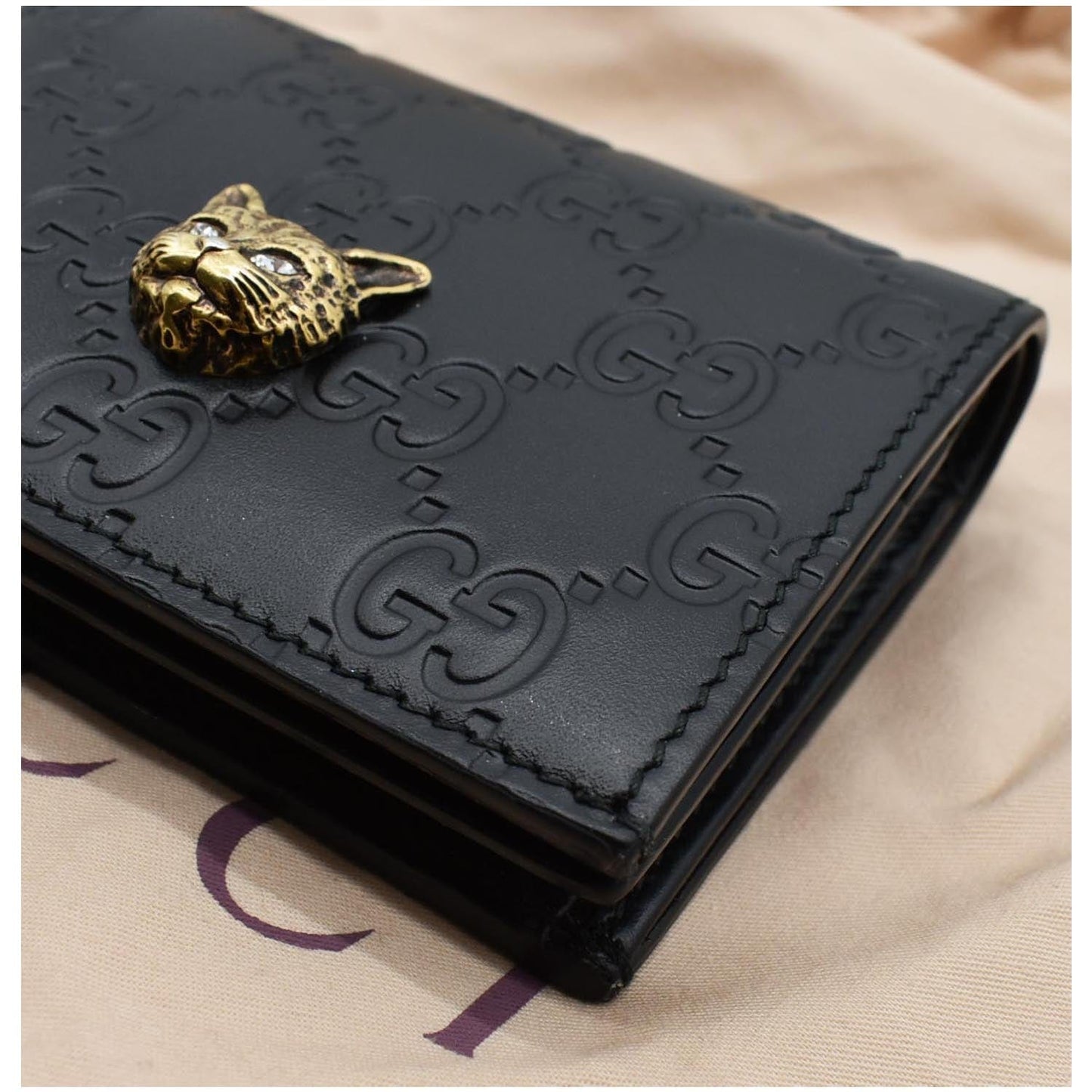 GUCCI Crystal Cat Guccissima Leather Card Case Wallet Black 548057
