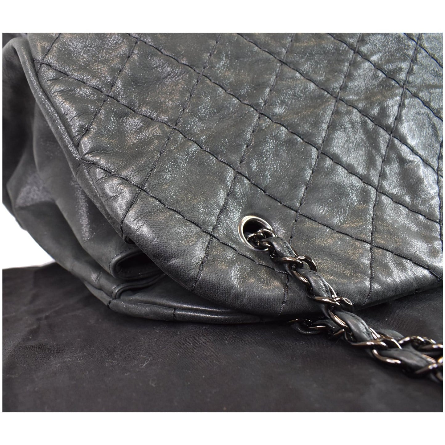 Chanel Just Mademoiselle Maxi Iridescent Leather Bowling Bag Black