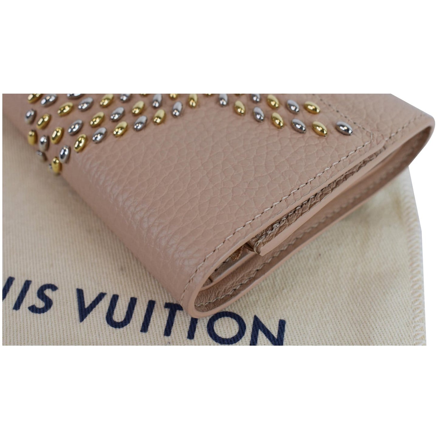 LOUIS VUITTON Capucines Studded Compact Leather Wallet Peach
