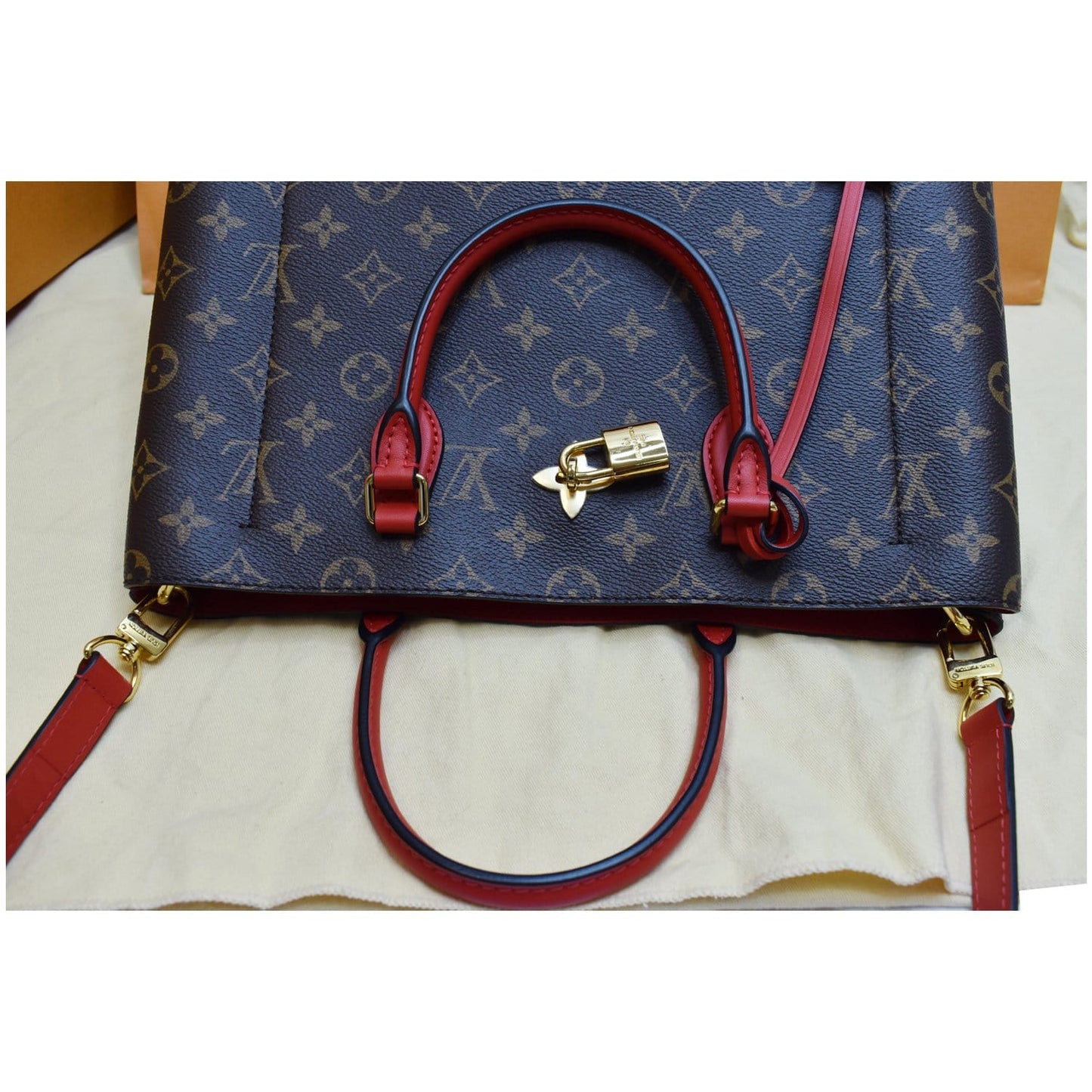 LOUIS VUITTON  Flower Monogram Canvas Tote Shoulder Bag Brown/Red