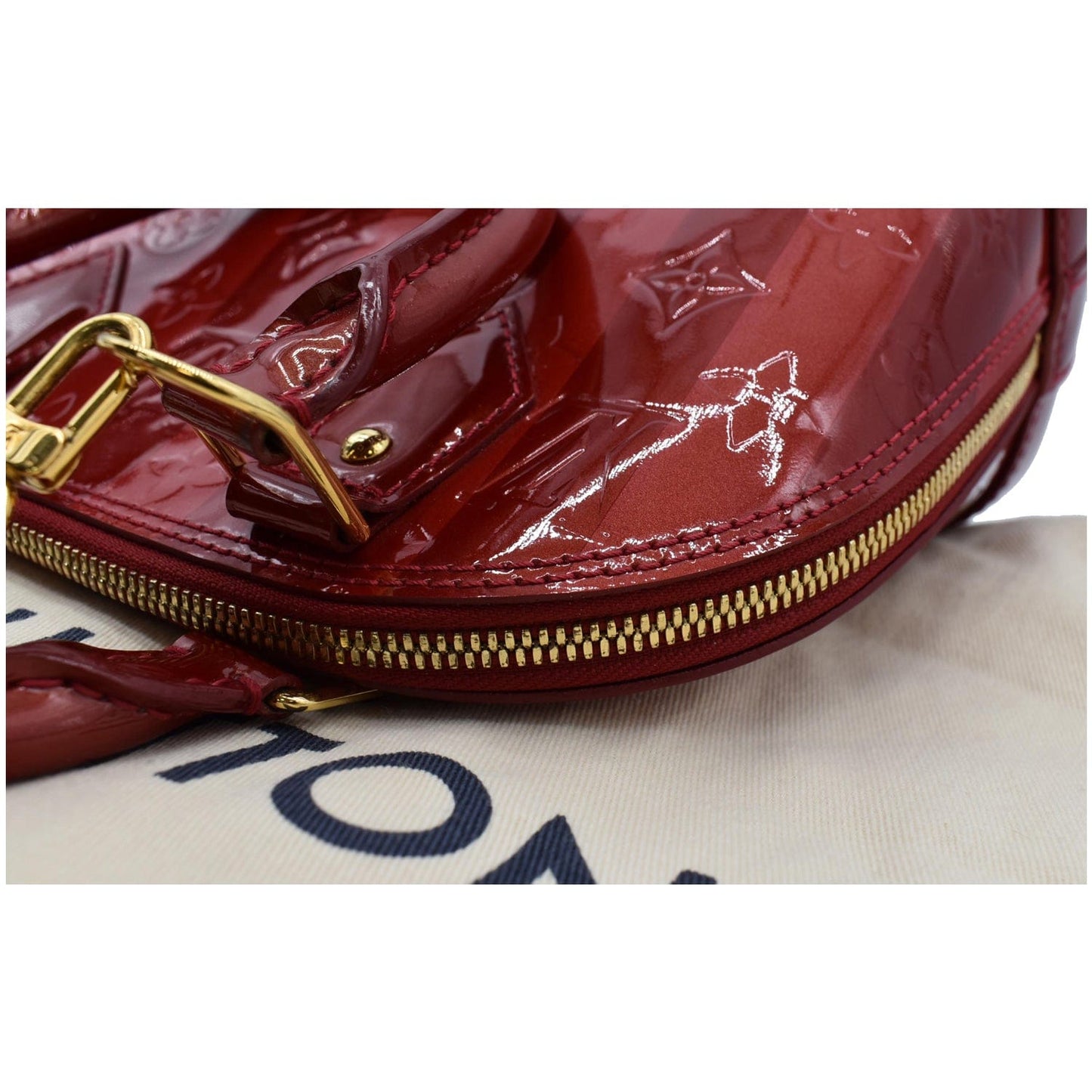 LOUIS VUITTON Rayures Alma BB Vernis Leather Satchel Crossbody Bag Pomme D'Amour