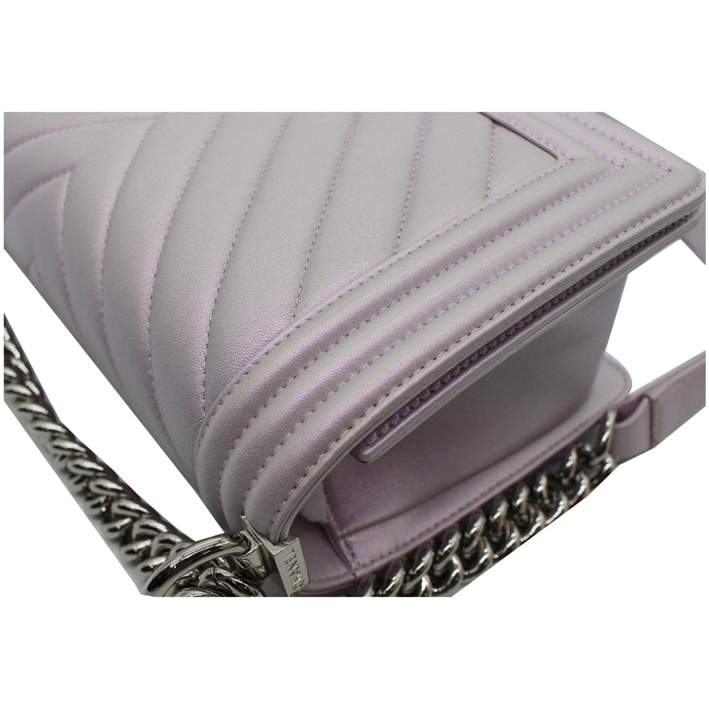 CHANEL Medium Boy Flap Chevron Leather Shoulder Bag Iridescent Lilac