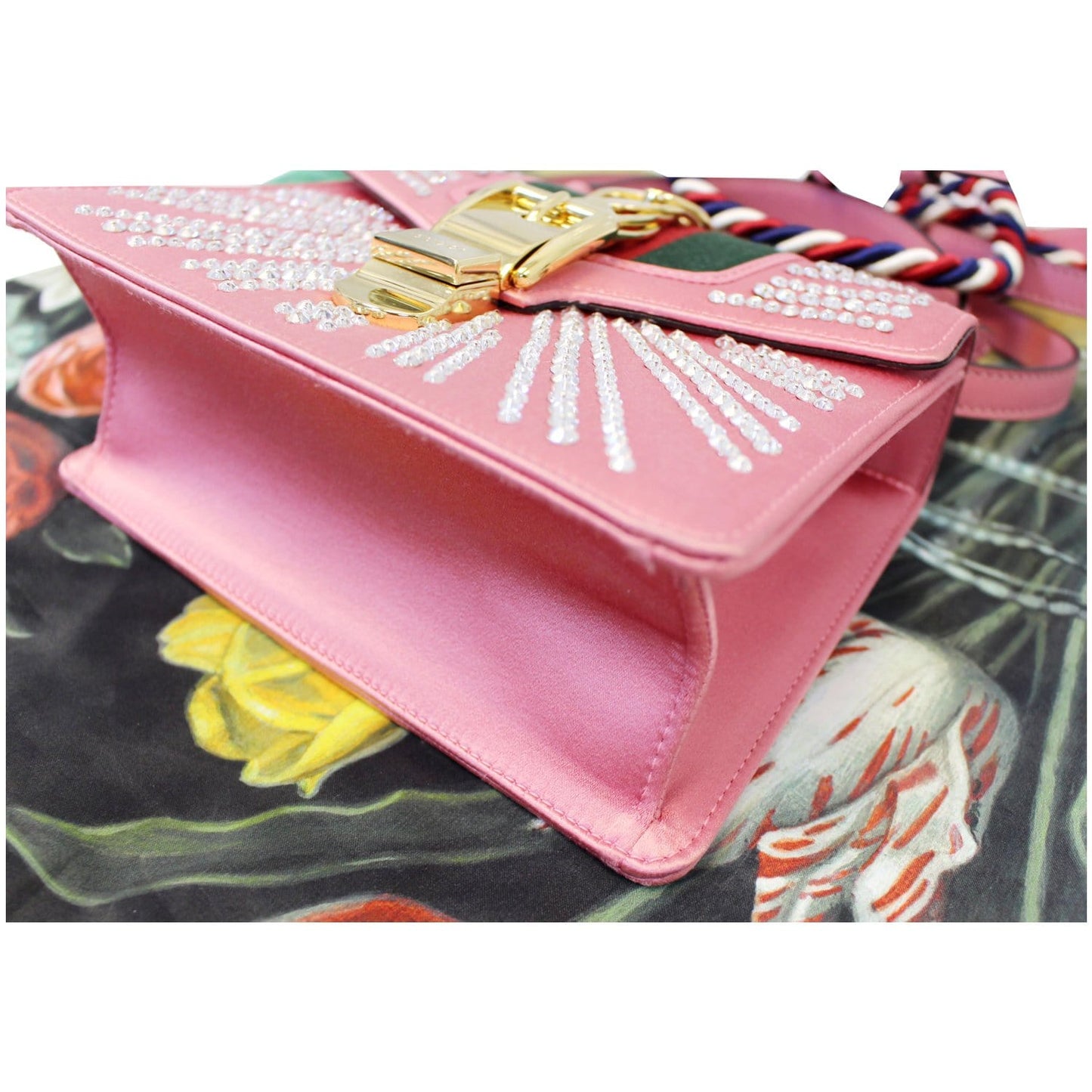 GUCCI Mini Sylvie Satin Crystal Shoulder Bag Peony