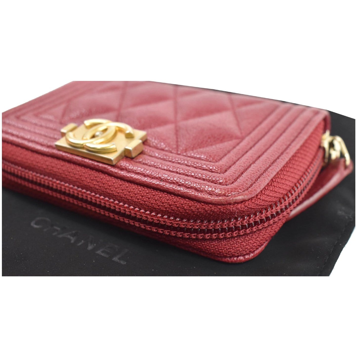 CHANEL Boy Zip Around Caviar Coin Purse Wallet Red