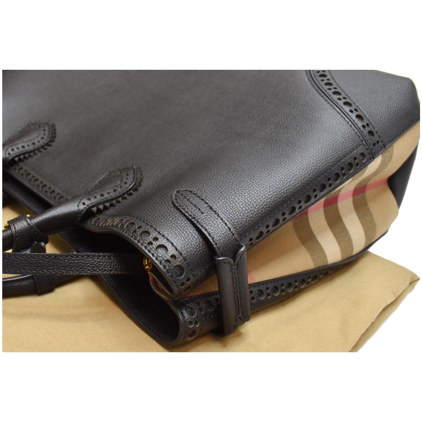 BURBERRY Large Banner Calfskin House Check Leather Tote Shoulder Bag Black