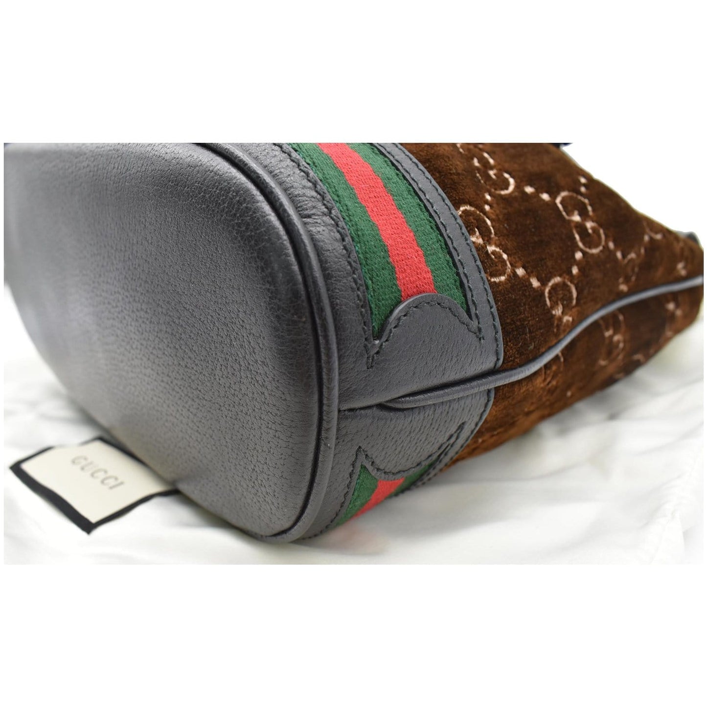 GUCCI GG Monogram Web Velvet Bucket Bag Brown 574960