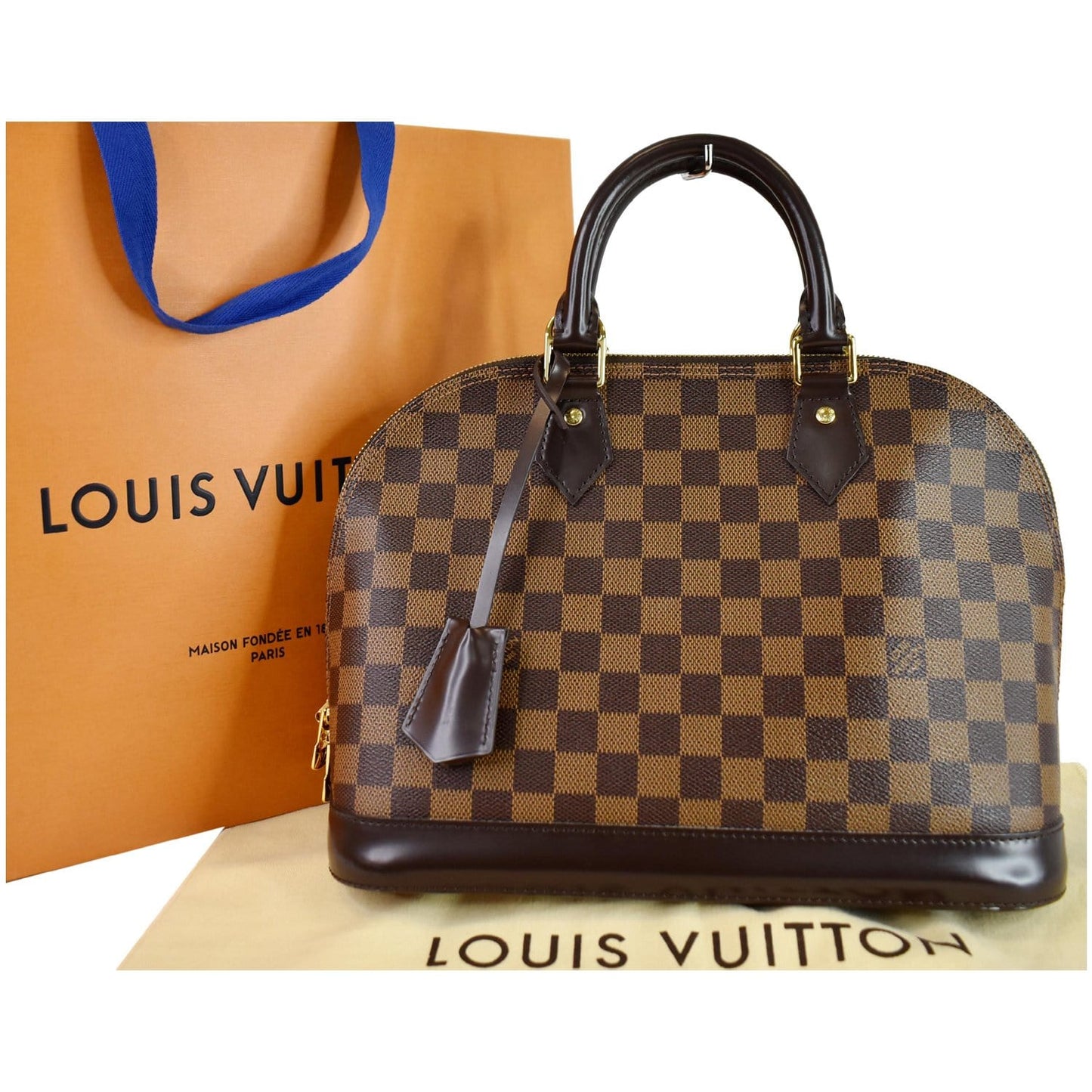LOUIS VUITTON Alma Damier Ebene Satchel Bag Brown