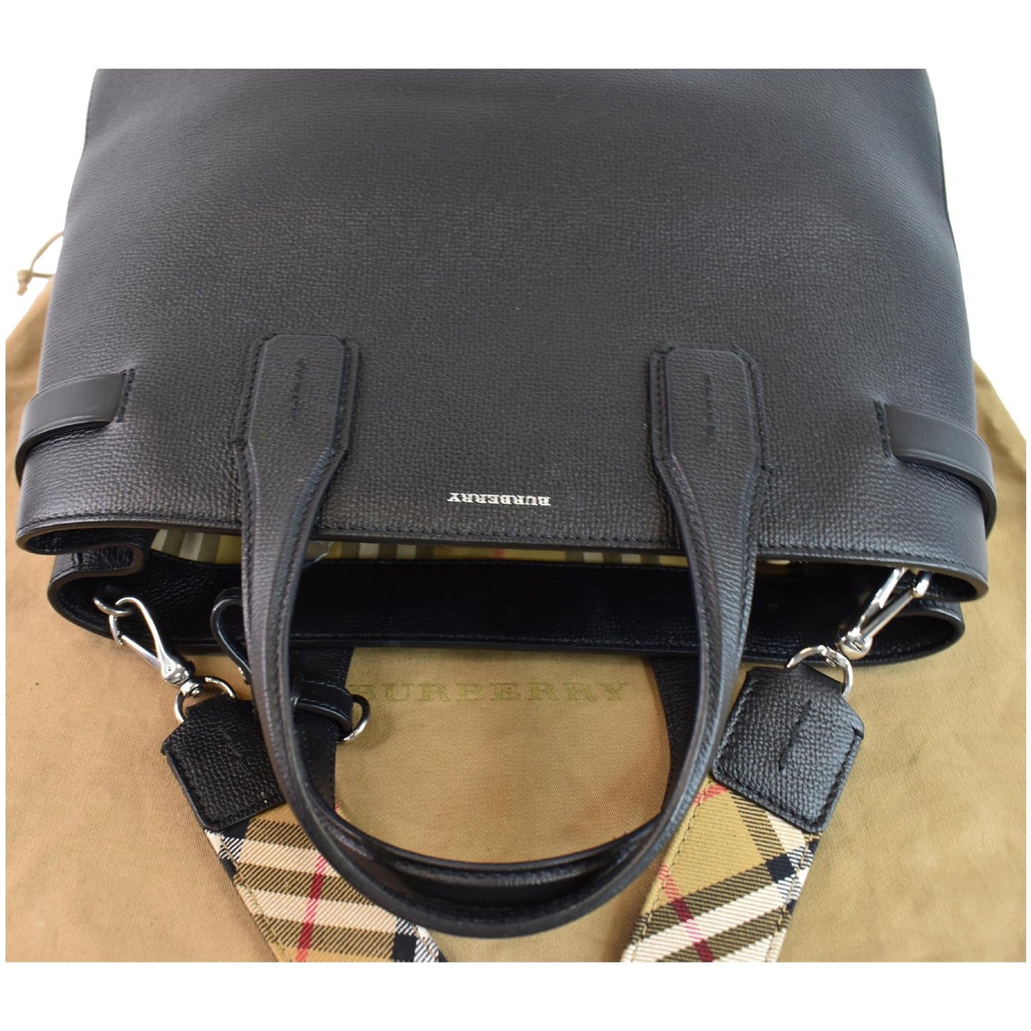 BURBERRY Medium Banner Derby Leather Tote Shoulder Bag Black