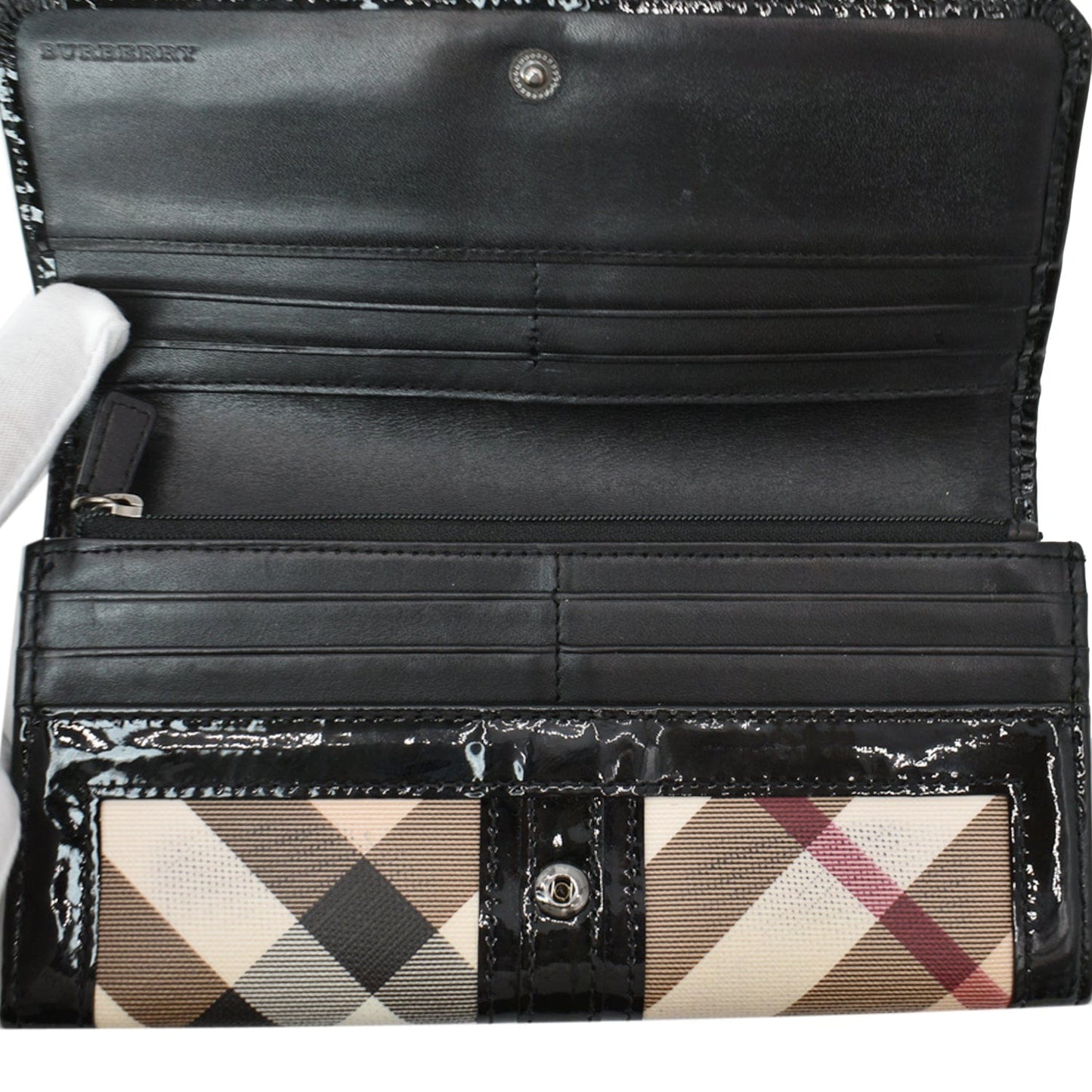 BURBERRY House Check Patent Leather Continental Wallet Black