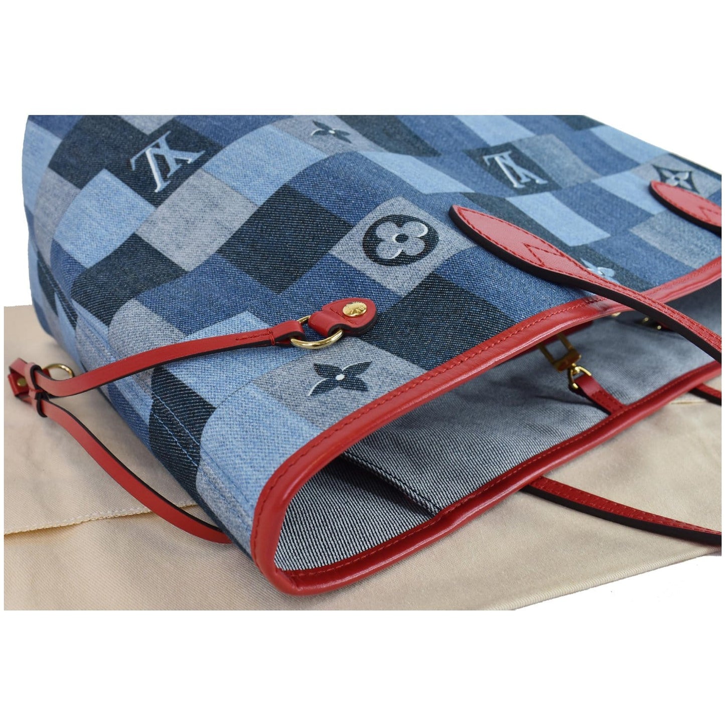 LOUIS VUITTON Neverfull MM Patchwork Monogram Denim Shoulder Bag Blue