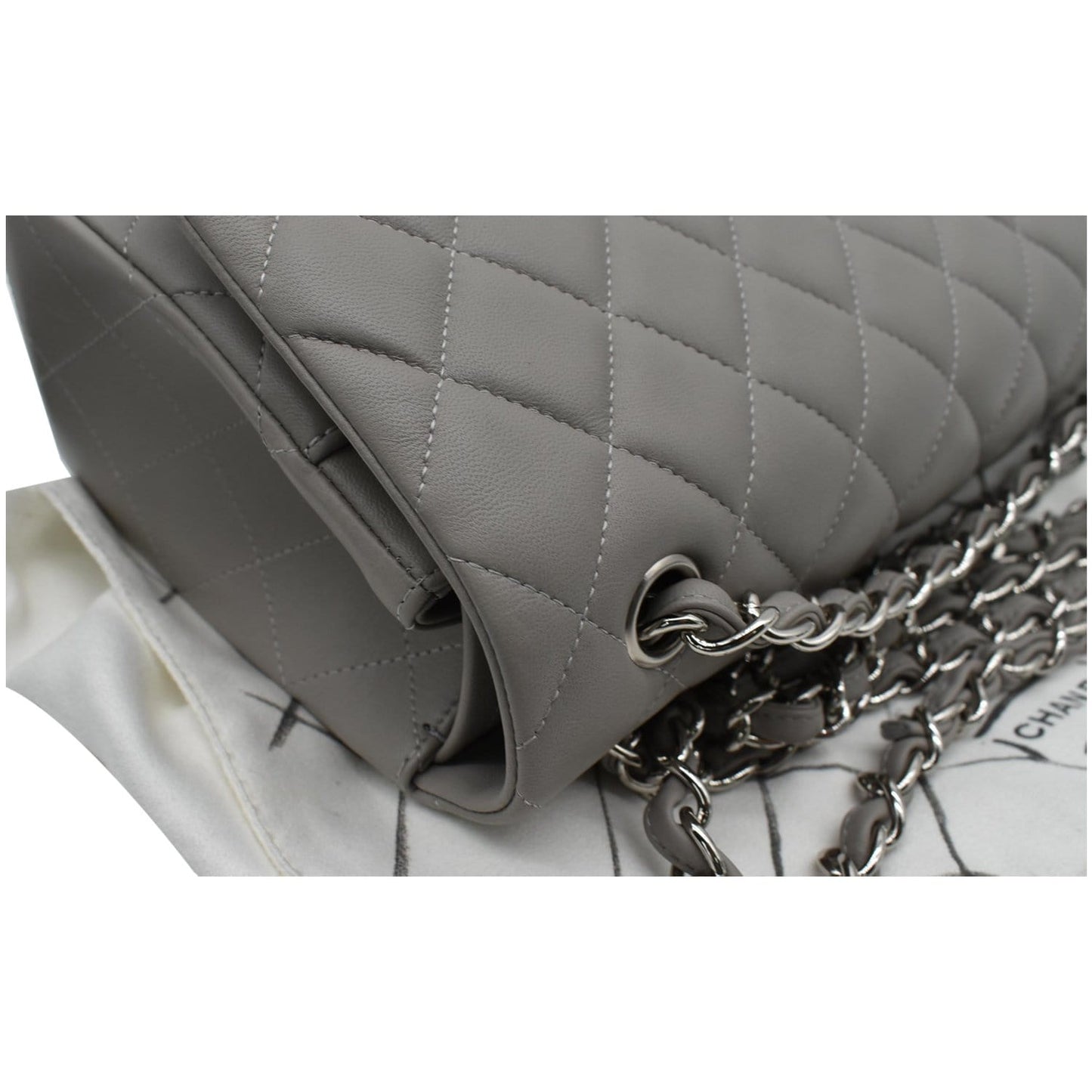 CHANEL Classic Jumbo Double Flap Lambskin Leather Shoulder Bag Grey