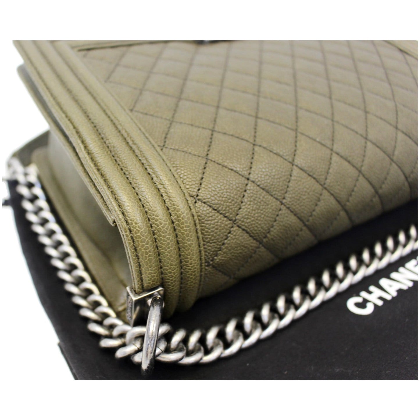 CHANEL Medium Boy Flap Caviar Leather Shoulder Bag Olive Green