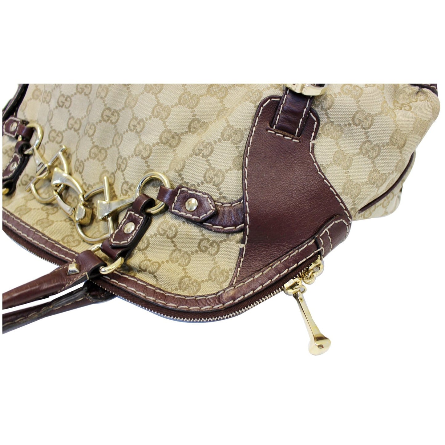 GUCCI Beige GG Canvas Horsebit Nail Medium Boston Bag