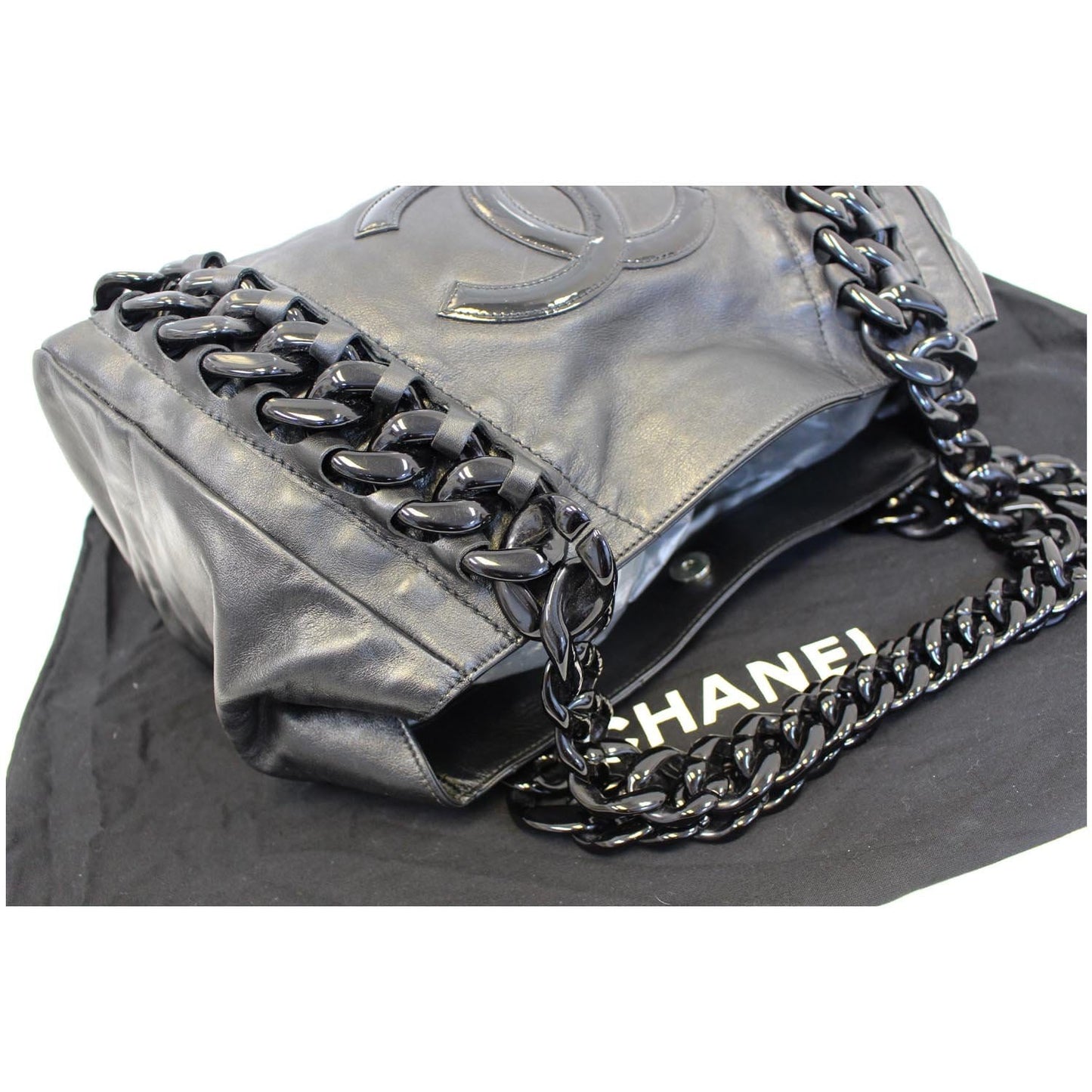 CHANEL Calfskin Rhodoid Modern Chain East West Tote Black