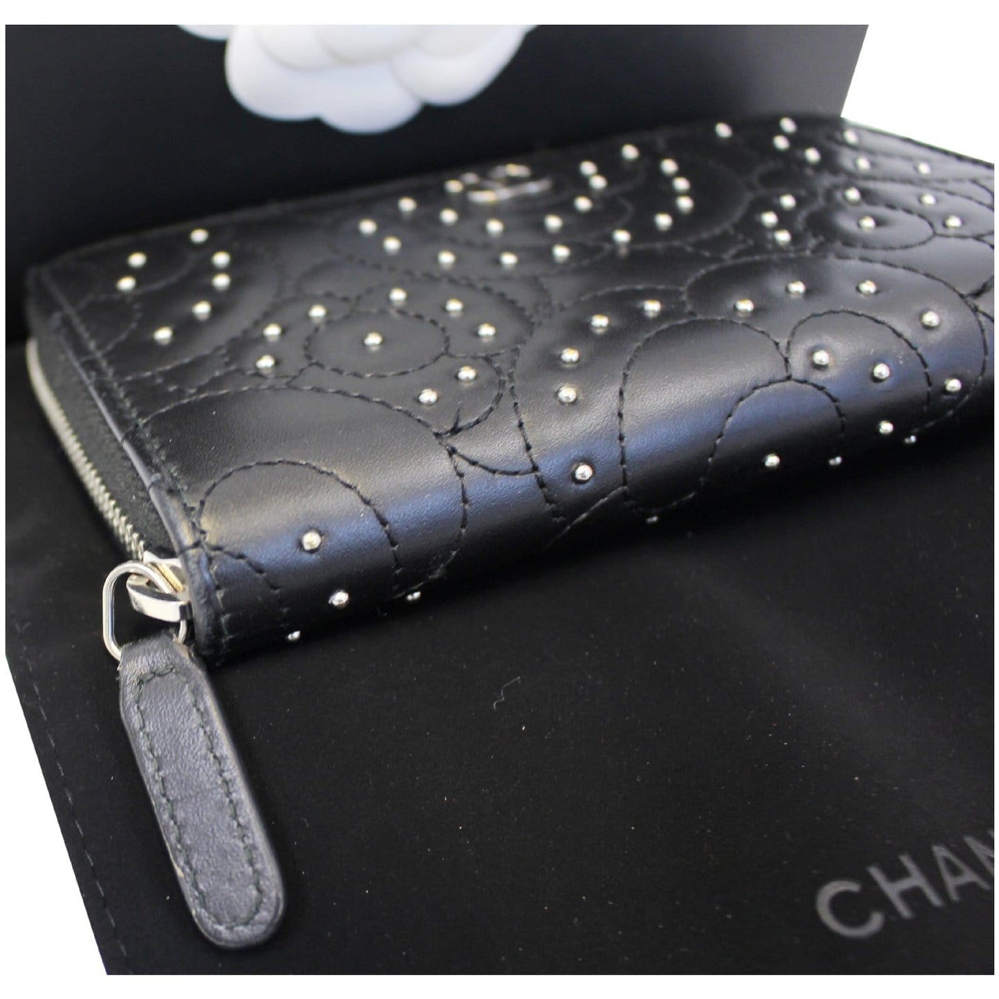 CHANEL Camellia Long Zippy studded Wallet Black