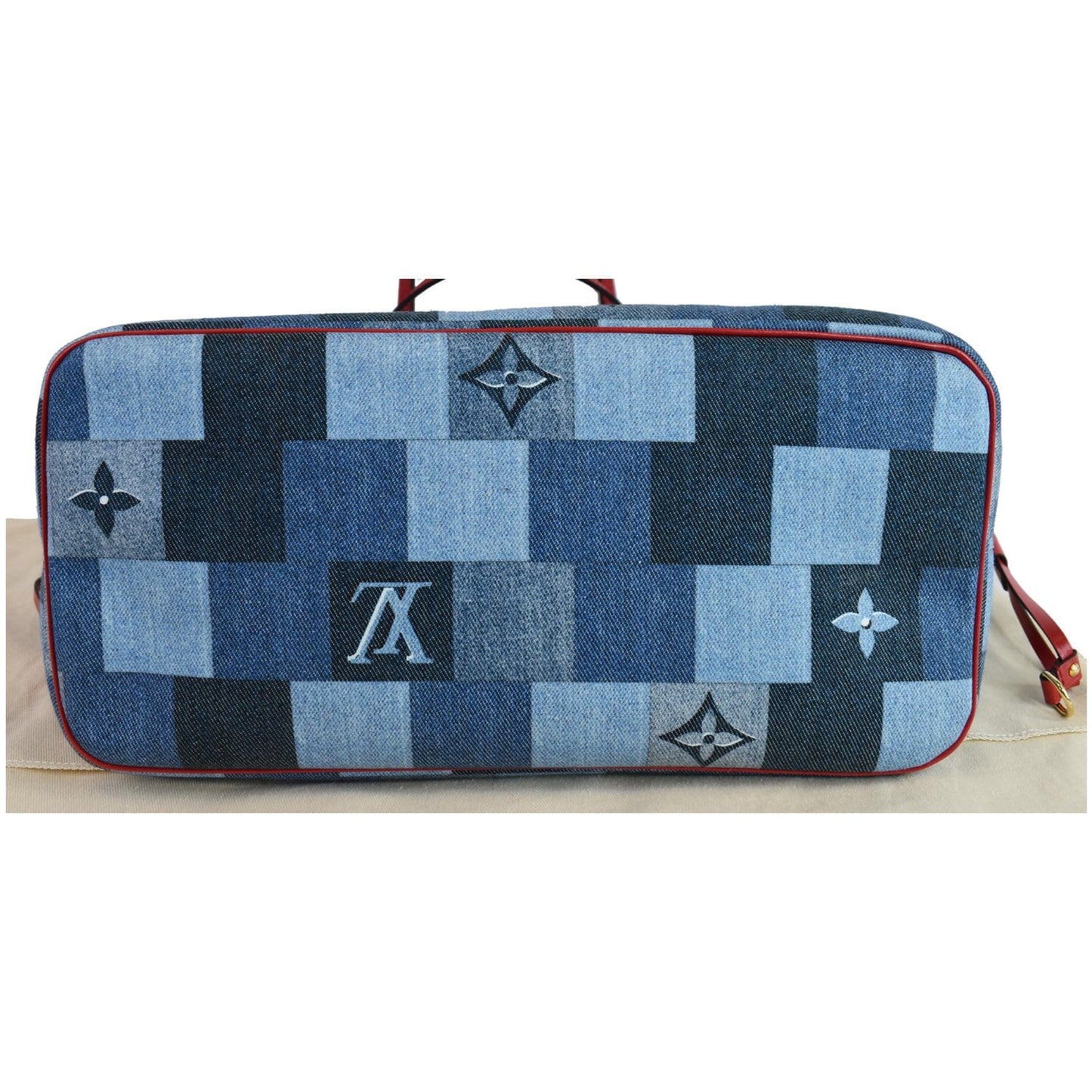 LOUIS VUITTON Neverfull MM Patchwork Monogram Denim Shoulder Bag Blue