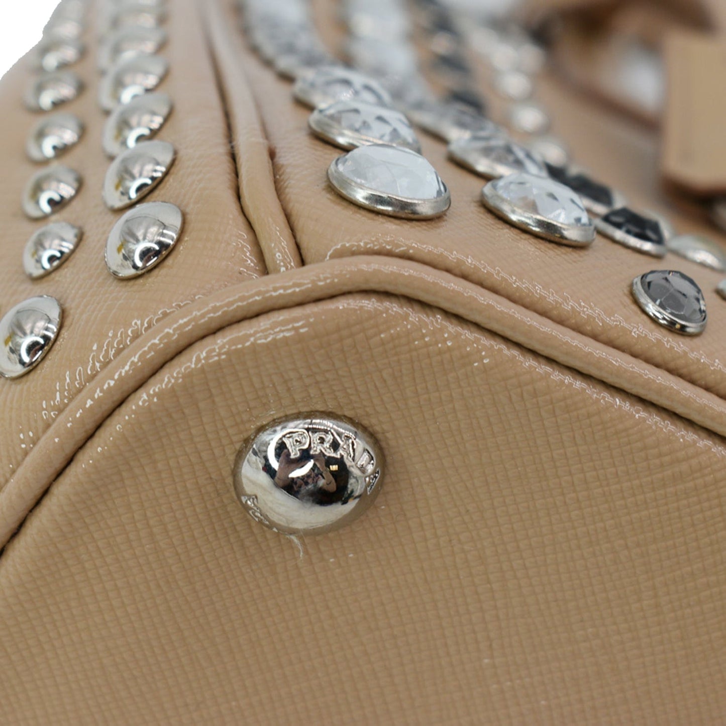 PRADA Women Vernice Crystal Studded Saffiano Leather Top Handle Shoulder Bag Beige