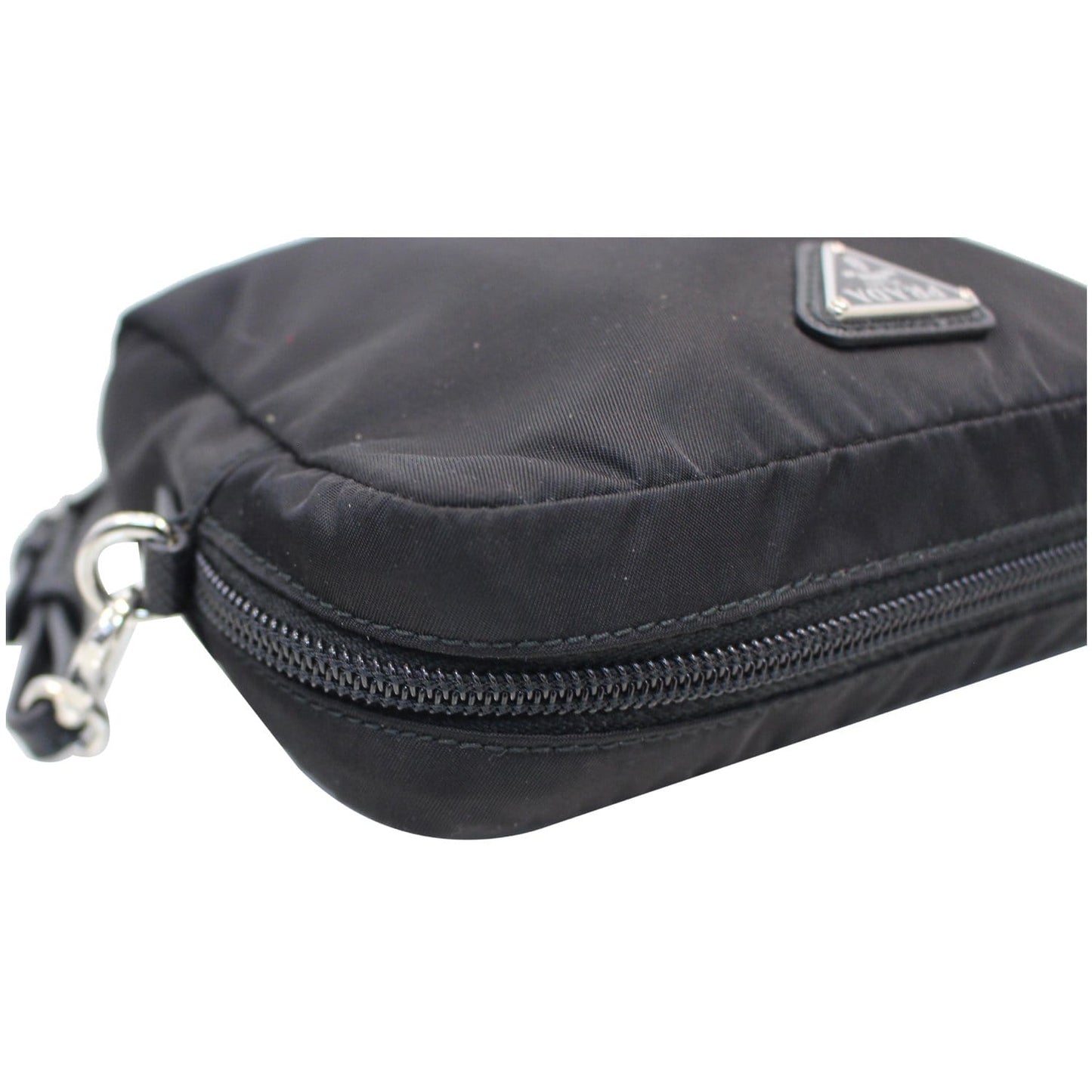 PRADA Logo Round Edge Nylon Cosmetic Wristlet Pouch Black 1NE021