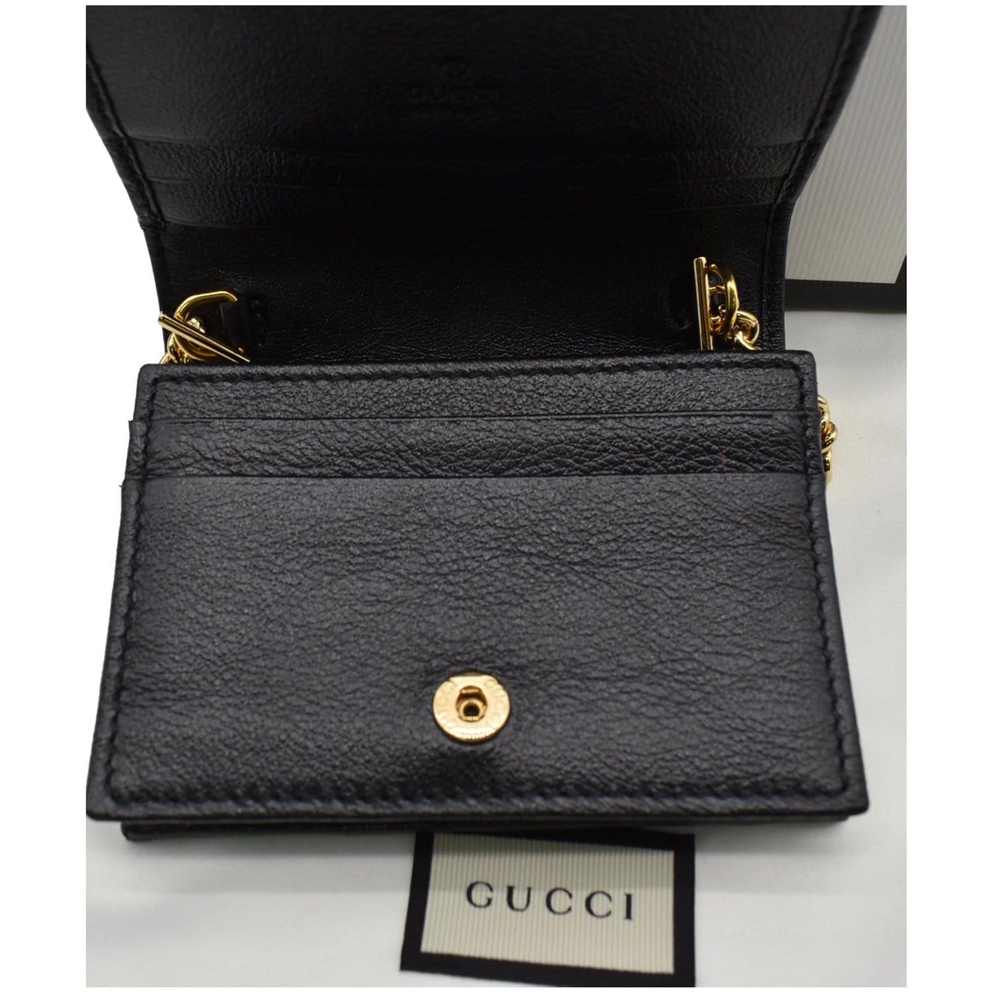 GUCCI Rajah Web Leather Card Case Chain Wallet Black 573790