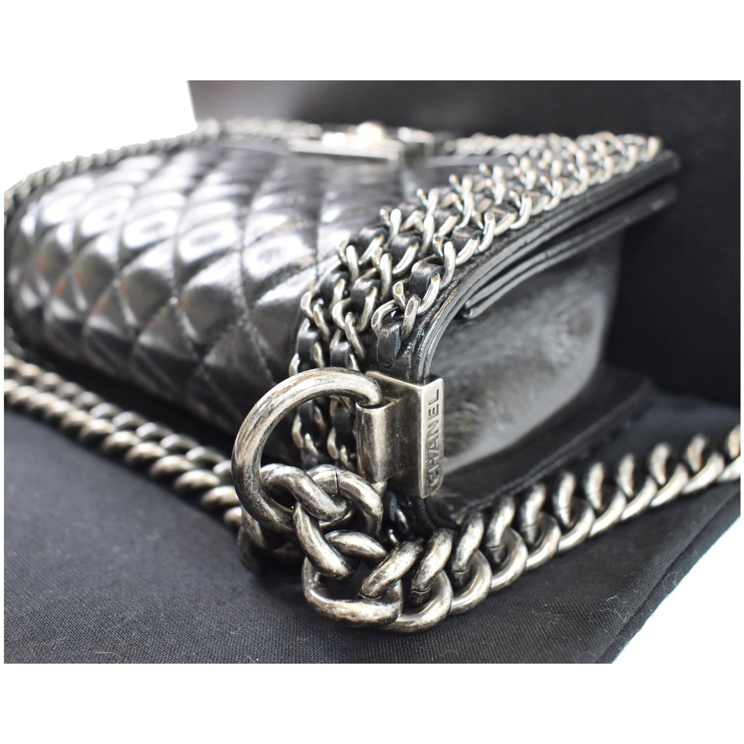 CHANEL Small Boy Embellished Chain Lambskin Shoulder Bag Black