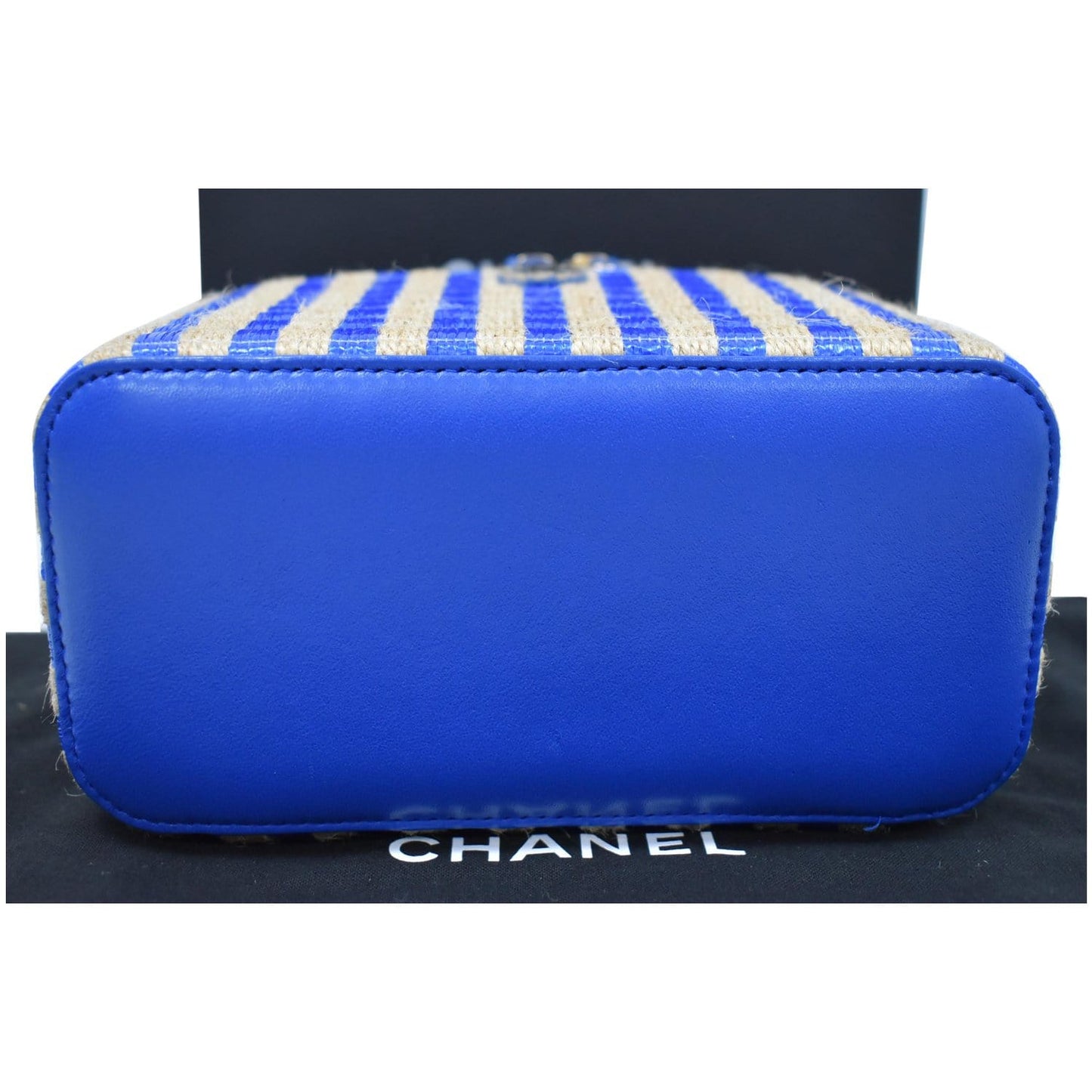 CHANEL Raffia Jute Striped Vanity Case Chain Crossbody Bag Blue - 10% OFF