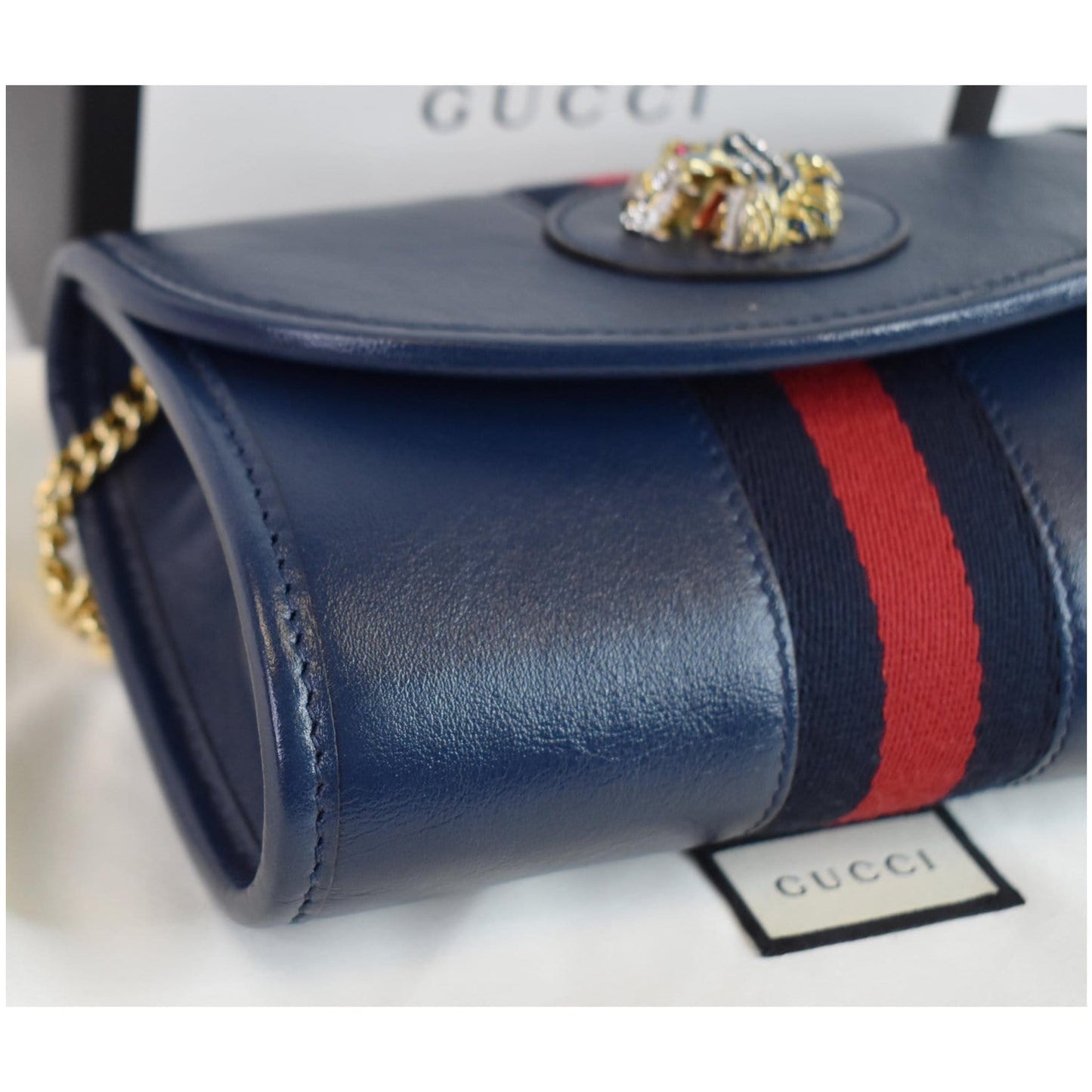 GUCCI Rajah Mini Leather Chain Shoulder Bag Blue 573797