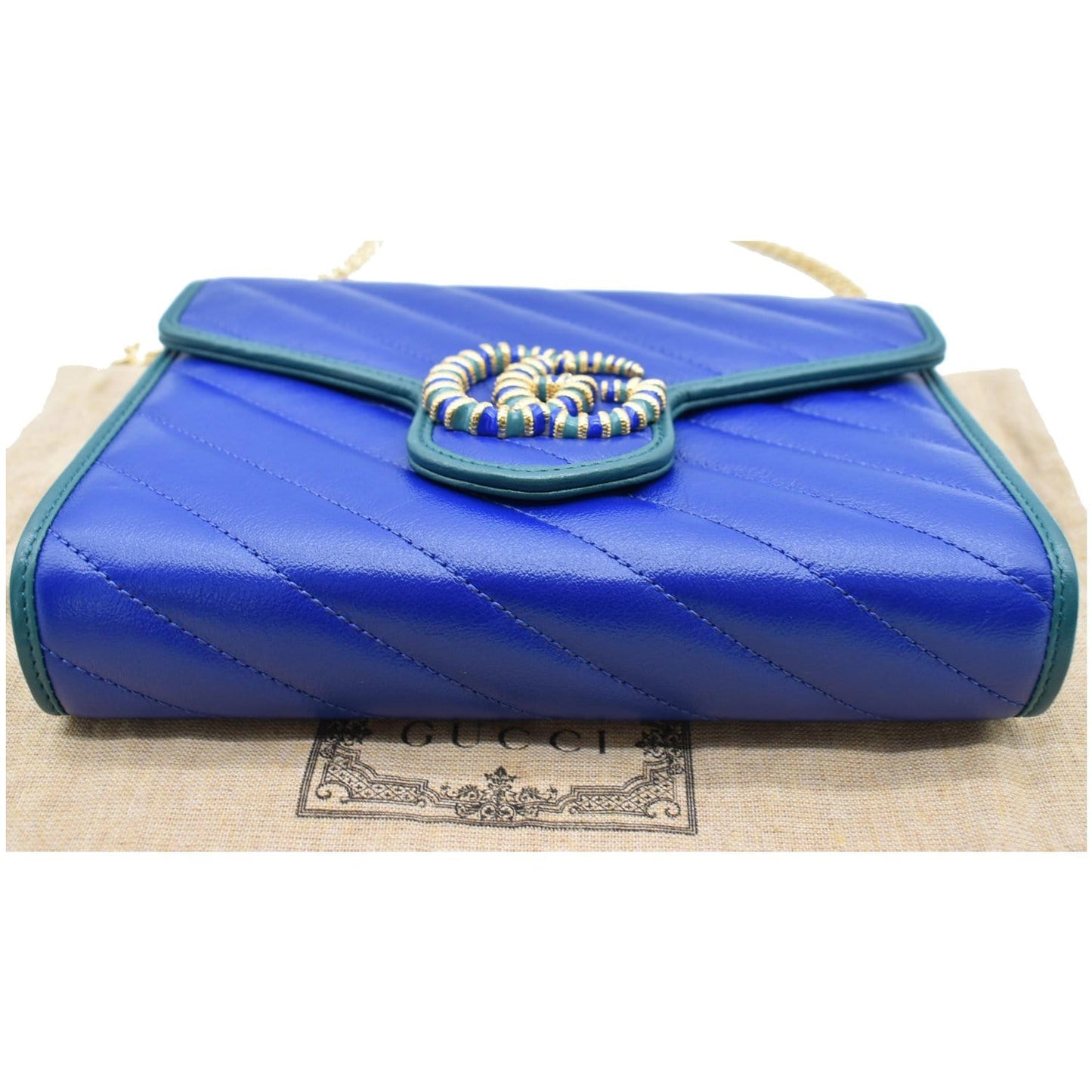 GUCCI GG Marmont Mini Matelasse Leather Chain Crossbody Bag Blue 573807