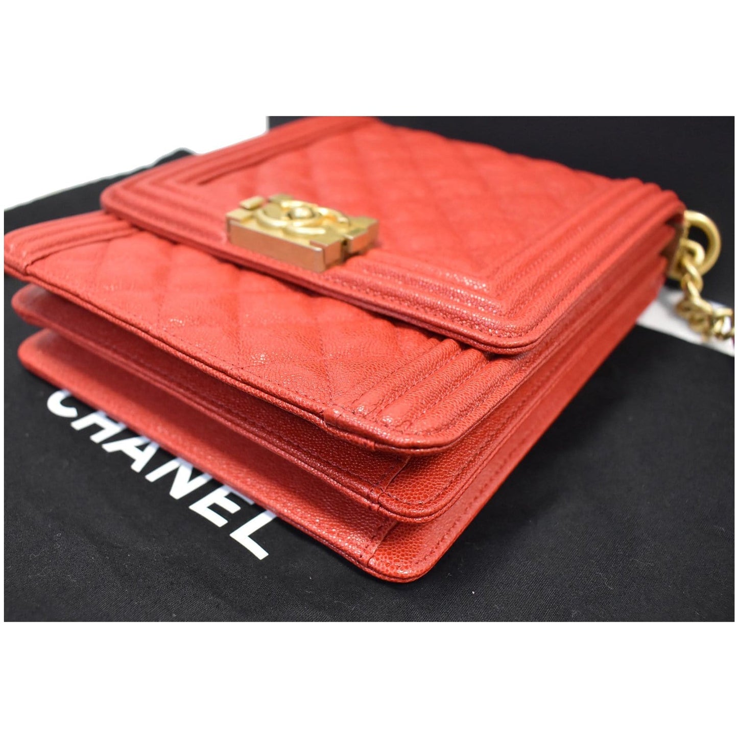 CHANEL North South Boy Quilted Caviar Leather Crossbody Bag Red