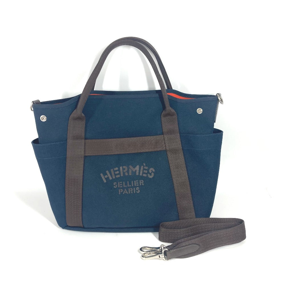 HERMES Tote Bag Leather / canvas Navy With bag-in-bag Sucked Pansage Groom
