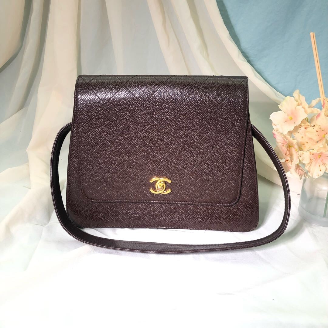 Chanel Vintage Kelly Brown Caviar Leather Shoulder Bag 24k Gold Hardware, 1996-1997