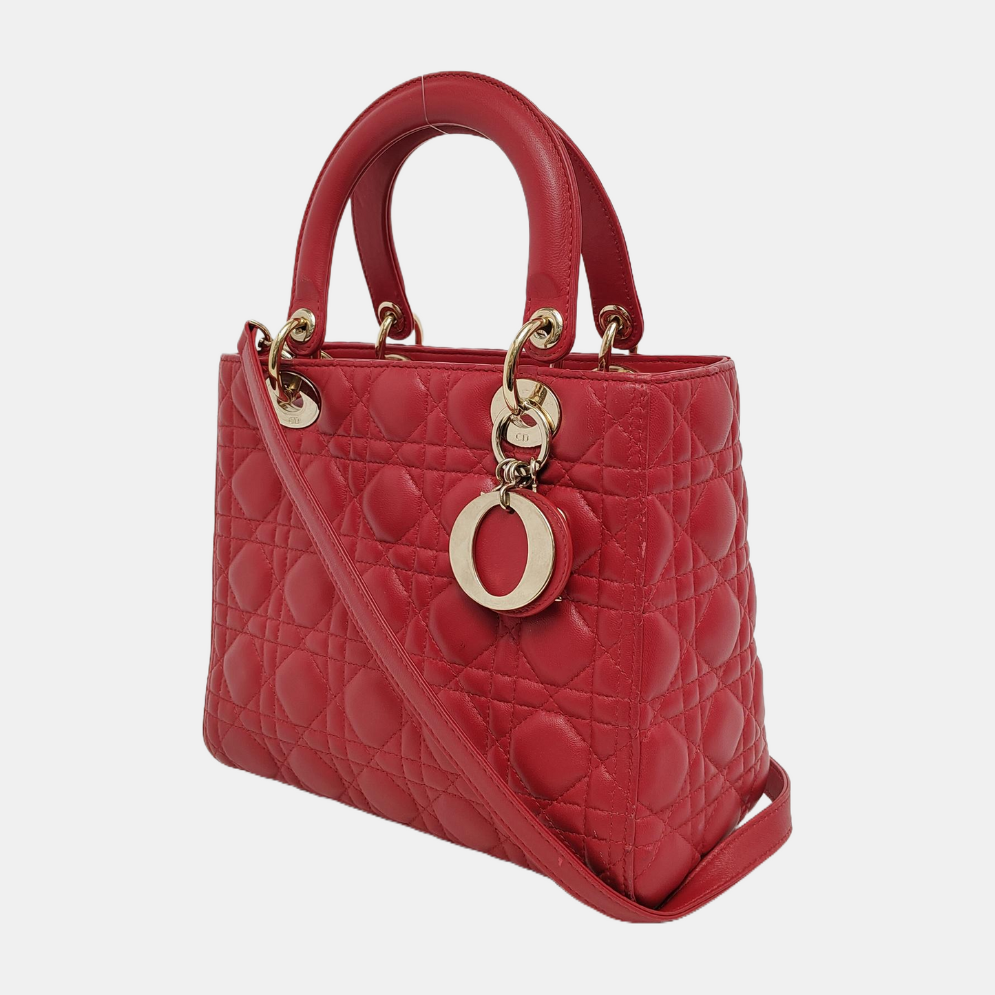 Lady Dior Medium Red Lambskin Leather Gold Hardware Leather Strap