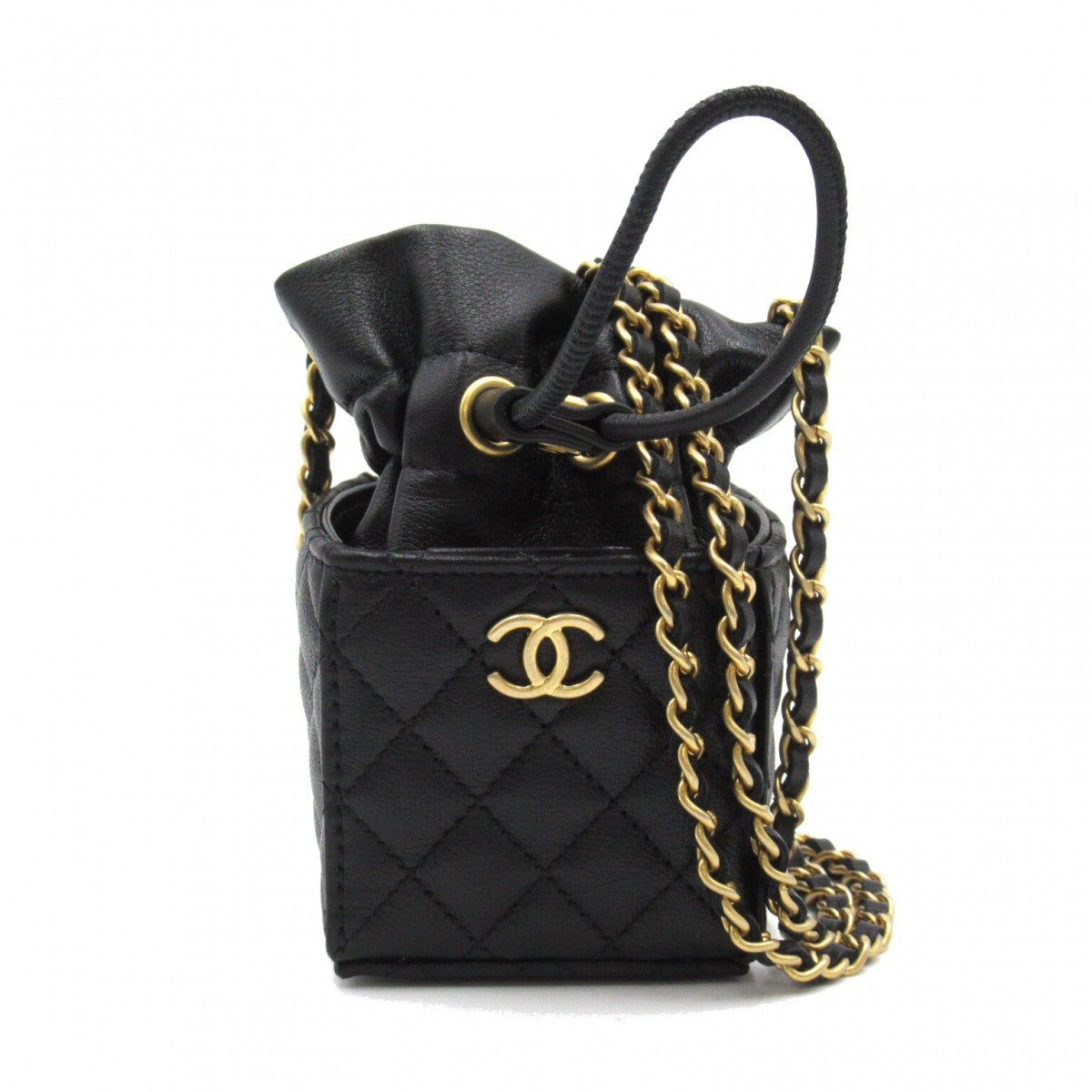 Chanel Black Quilted Leather Micro Drawstring CC Bucket Bag