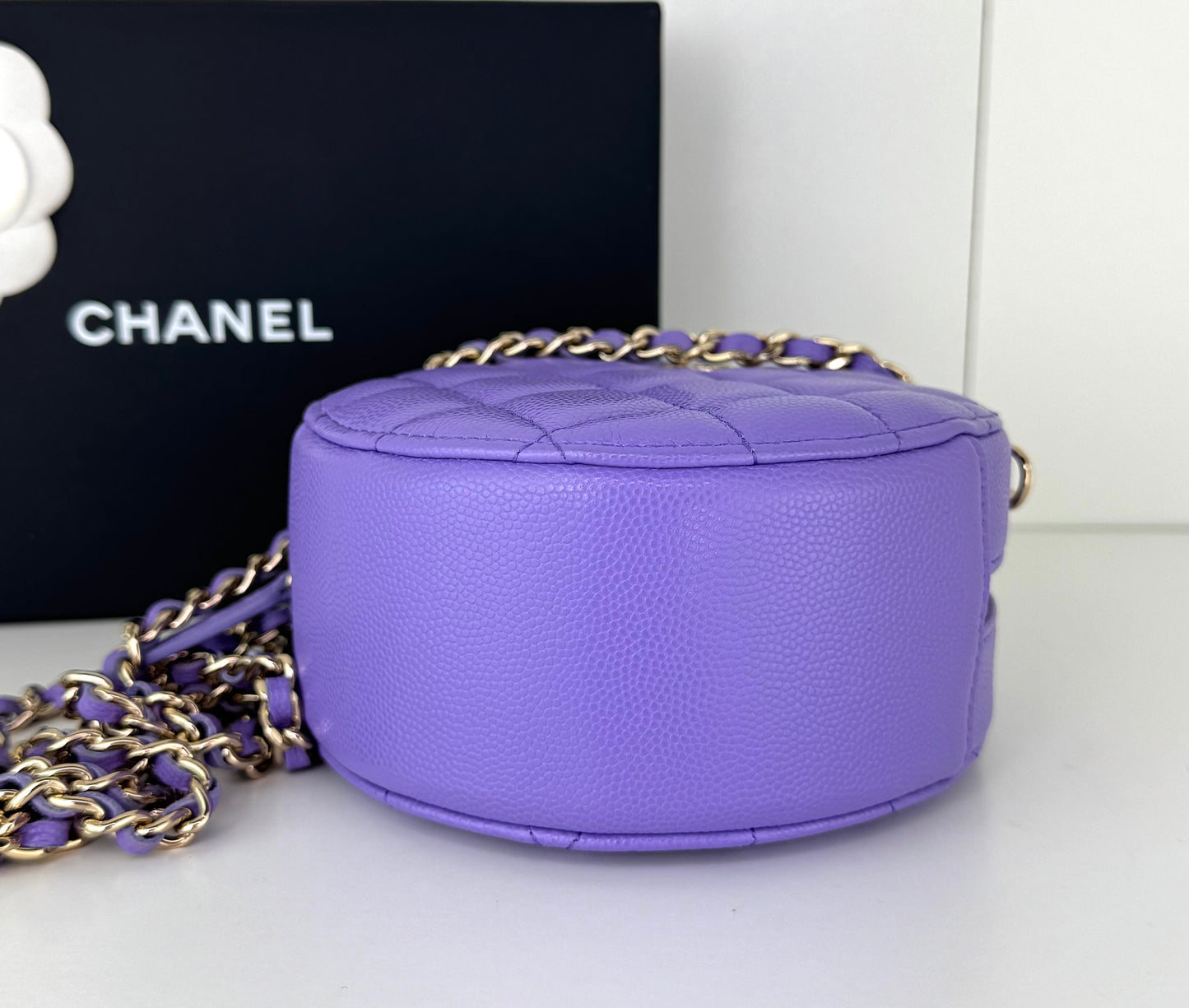 Chanel Caviar Quilted Round Clutch With Chain Purple